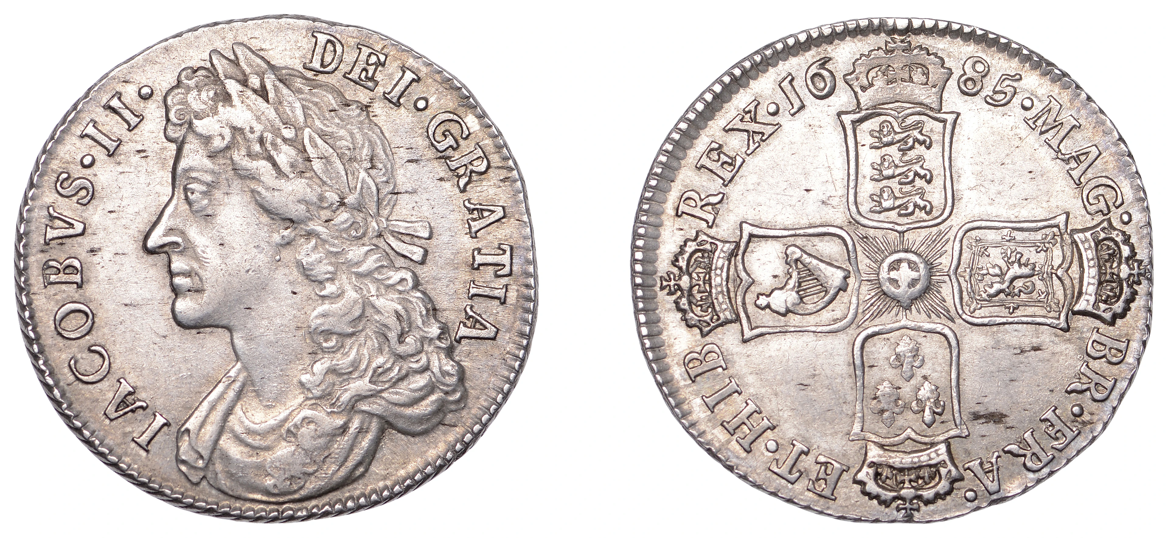 James II (1685-1688), Shilling, 1685, large Garter star on rev., harp
