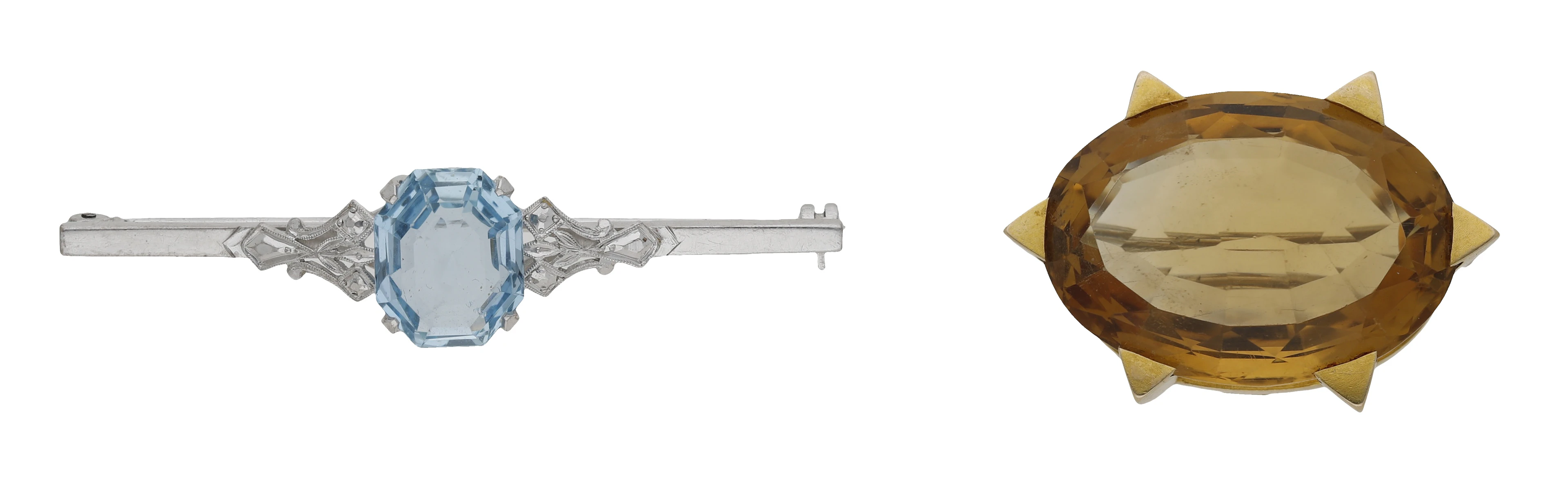 Two gem-set brooches, comprising a bar brooch, centred with an octagonal-cut