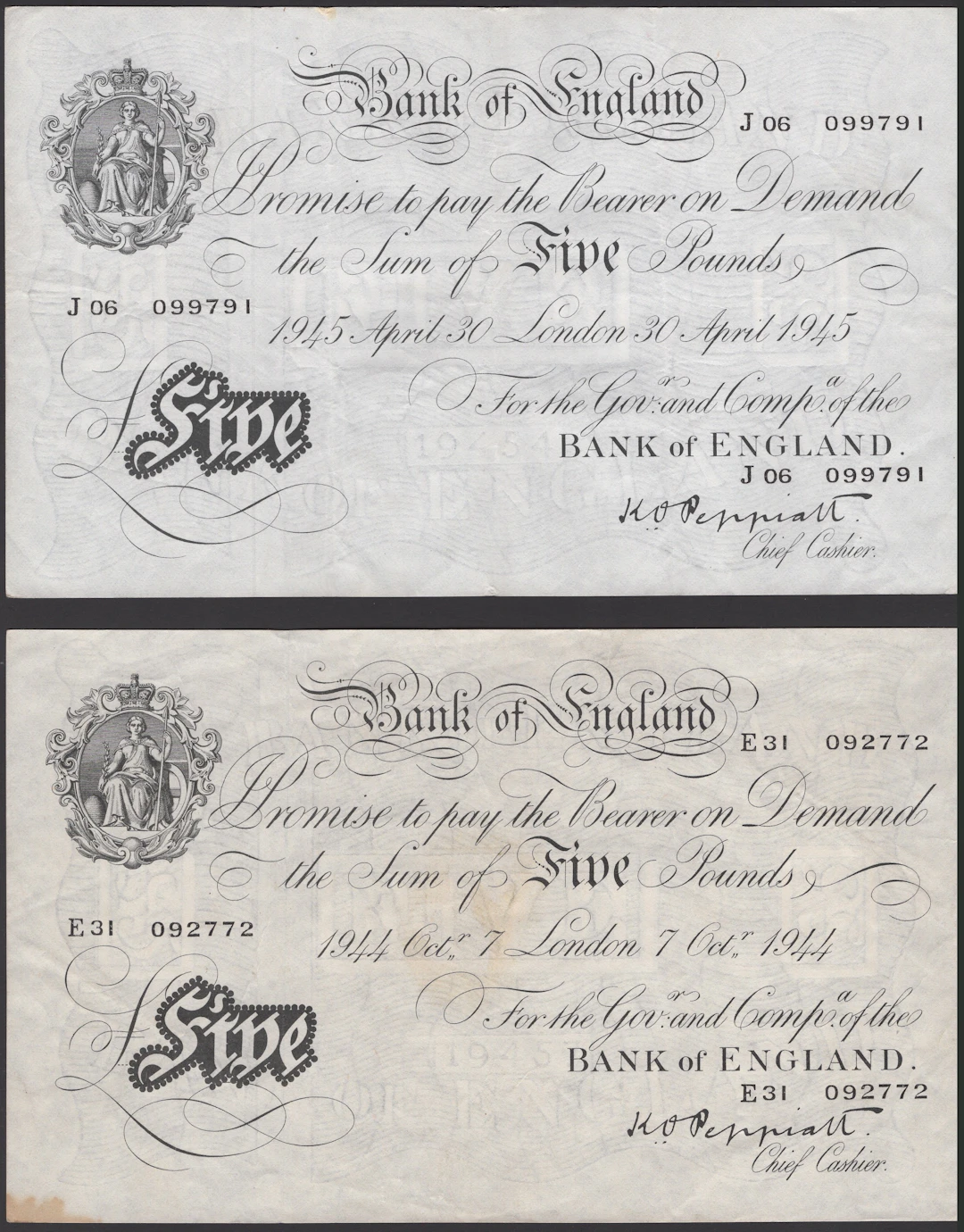 Bank of England, Kenneth O. Peppiatt, £5 (2), 7 October 1944, serial