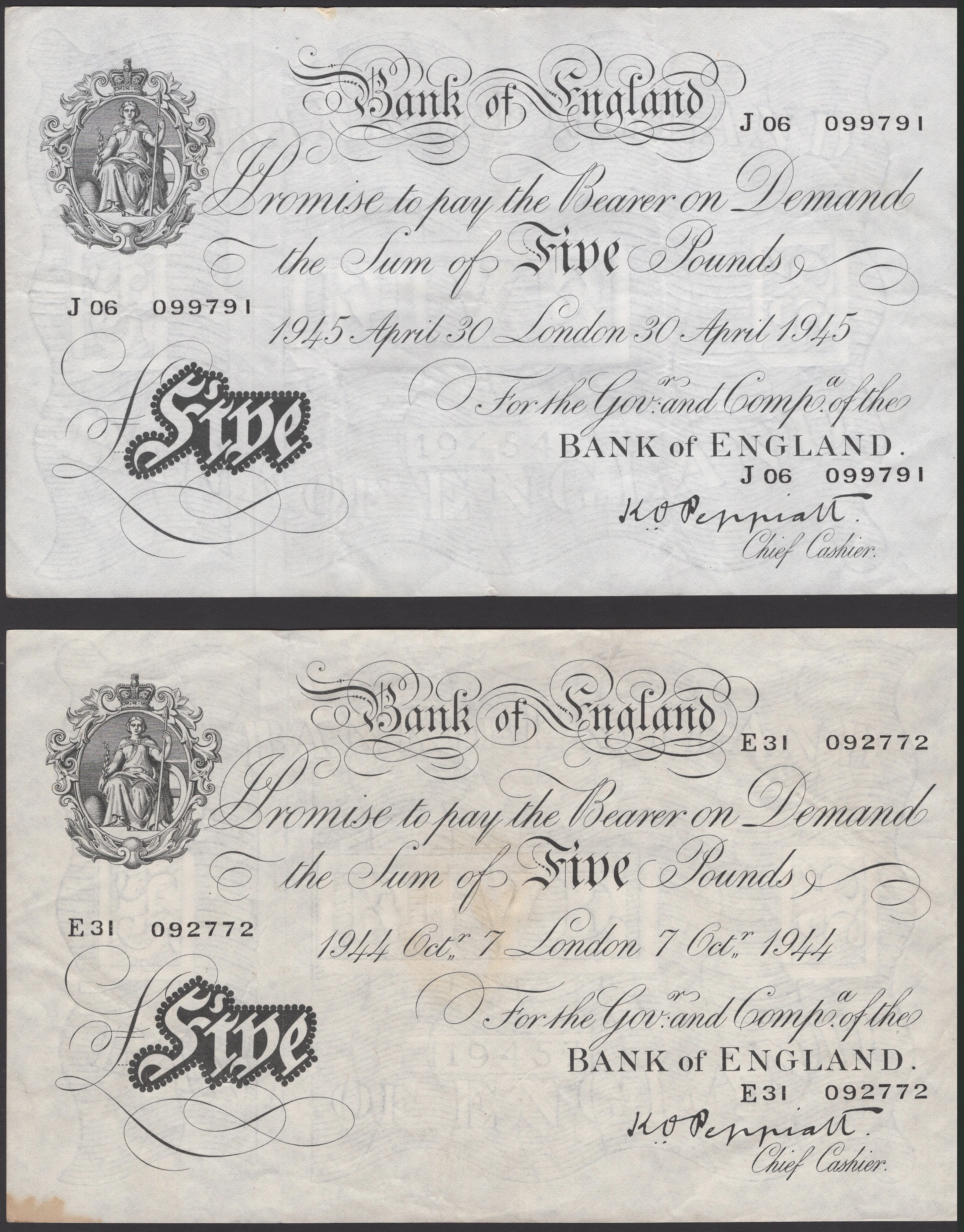 Bank of England, Kenneth O. Peppiatt, £5 (2), 7 October 1944, serial