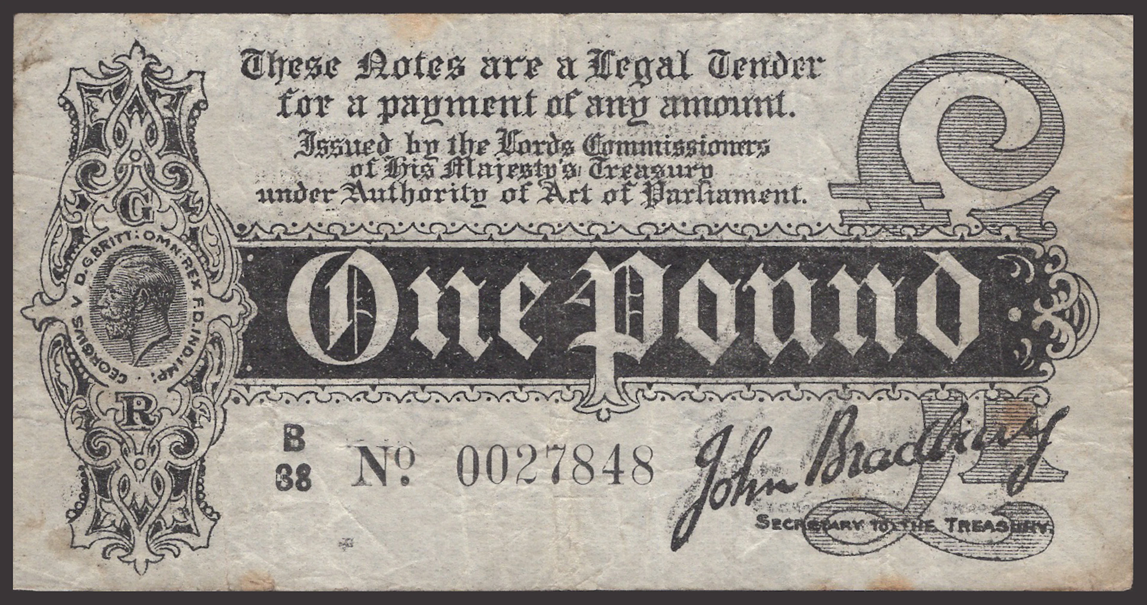 ERROR: Treasury Series, John Bradbury, £1, 7 August 1914, serial number