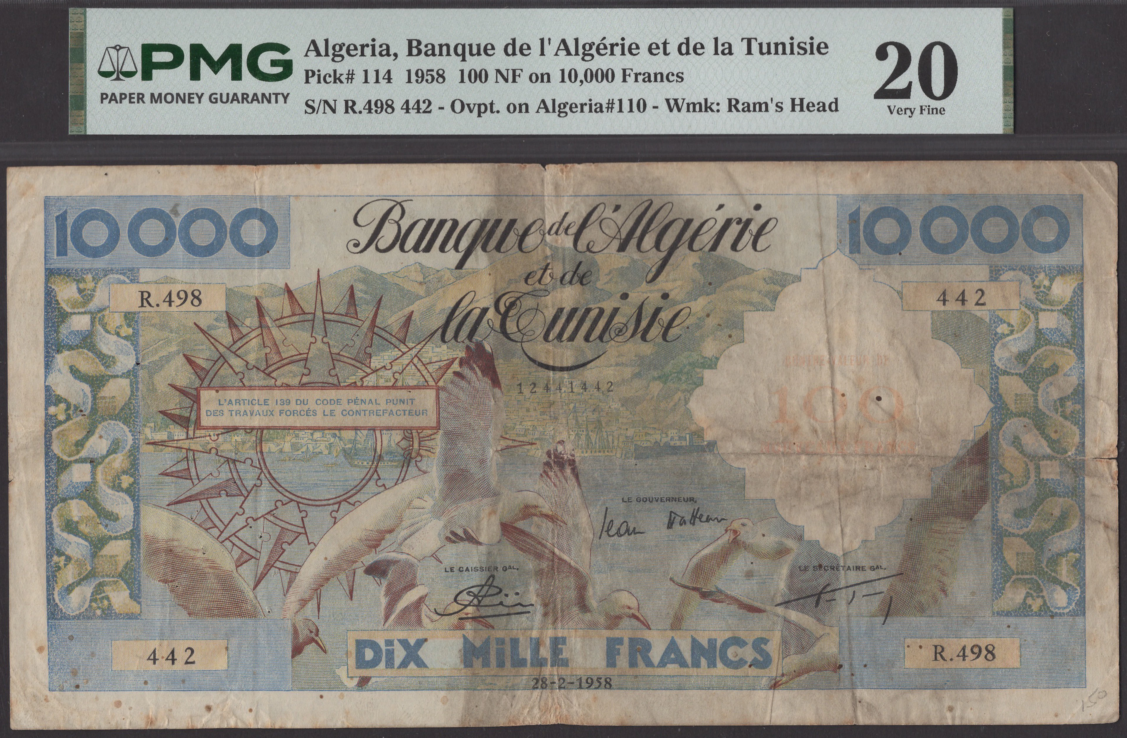 Banque de l’Algerie et de la Tunisie, 100 Nouveaux Francs on 10,000