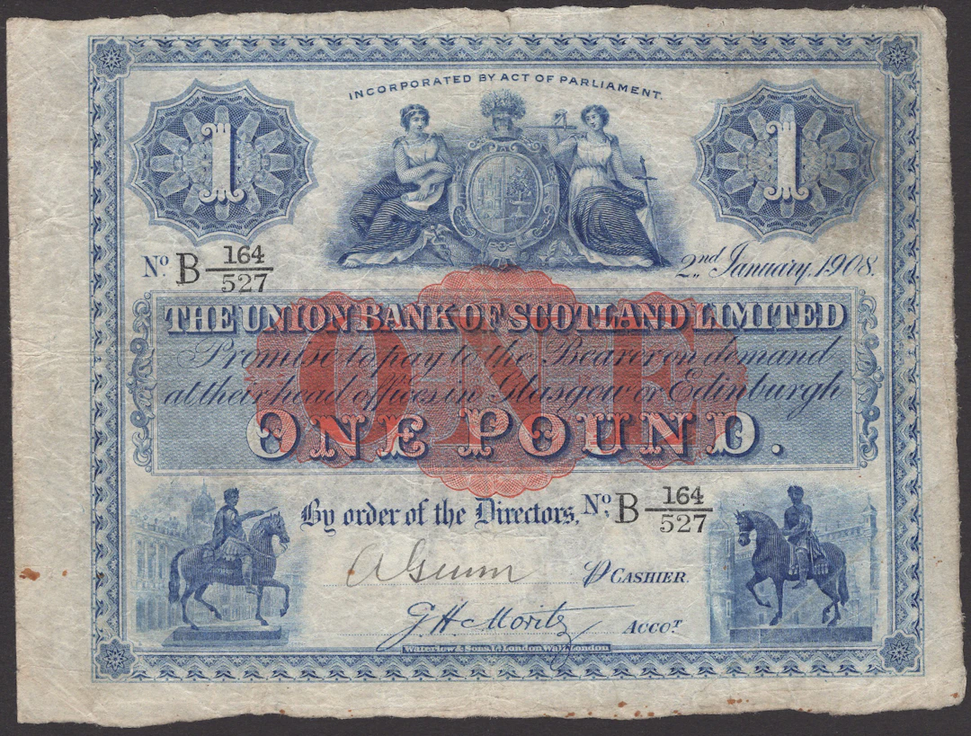 Union Bank of Scotland, £1, 2 January 1908, serial number B 164/527
