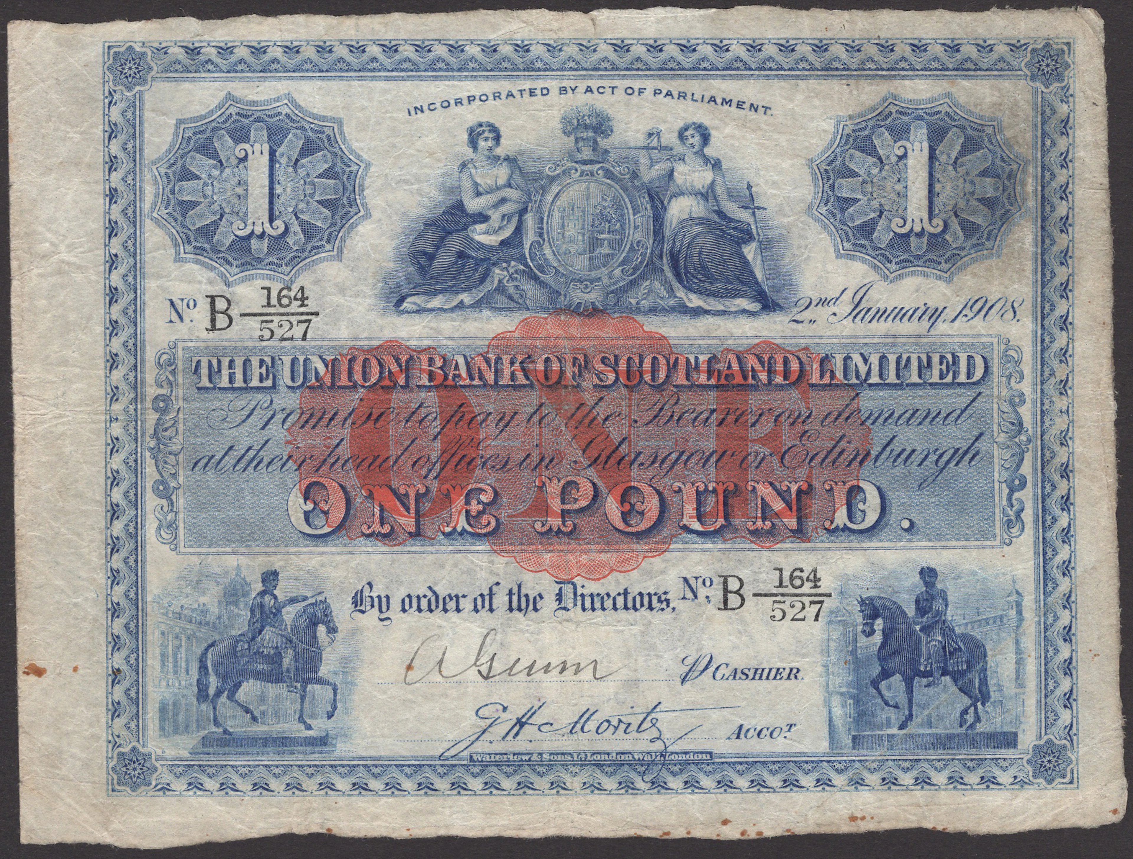 Union Bank of Scotland, £1, 2 January 1908, serial number B 164/527