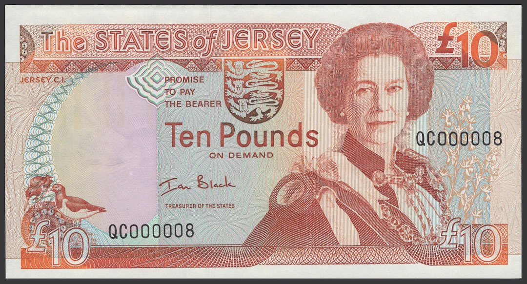 States of Jersey, £10, 1993, serial number QC000008, Black signature