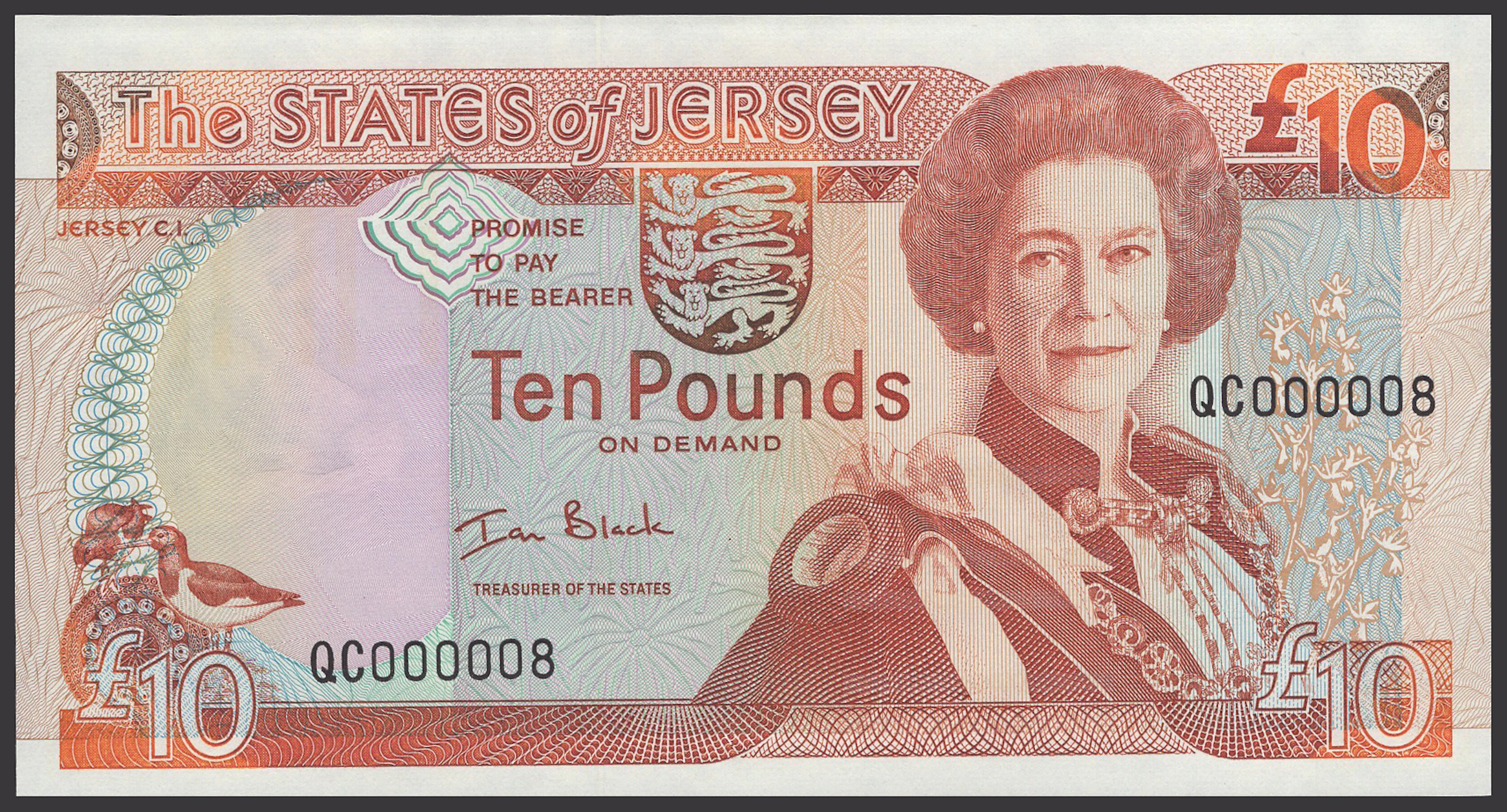 States of Jersey, £10, 1993, serial number QC000008, Black signature