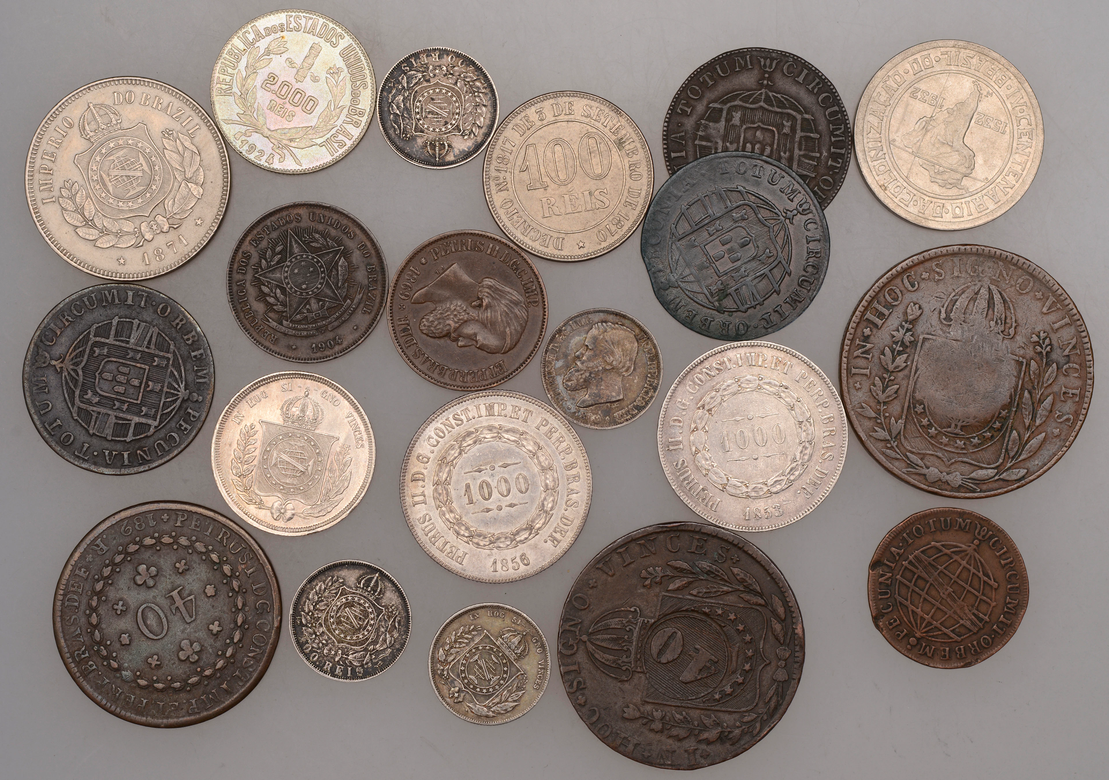Brazil, Pedro II, 1000 Réis (2), 1853, 1856, 200 Réis, 1871, 40 Réis