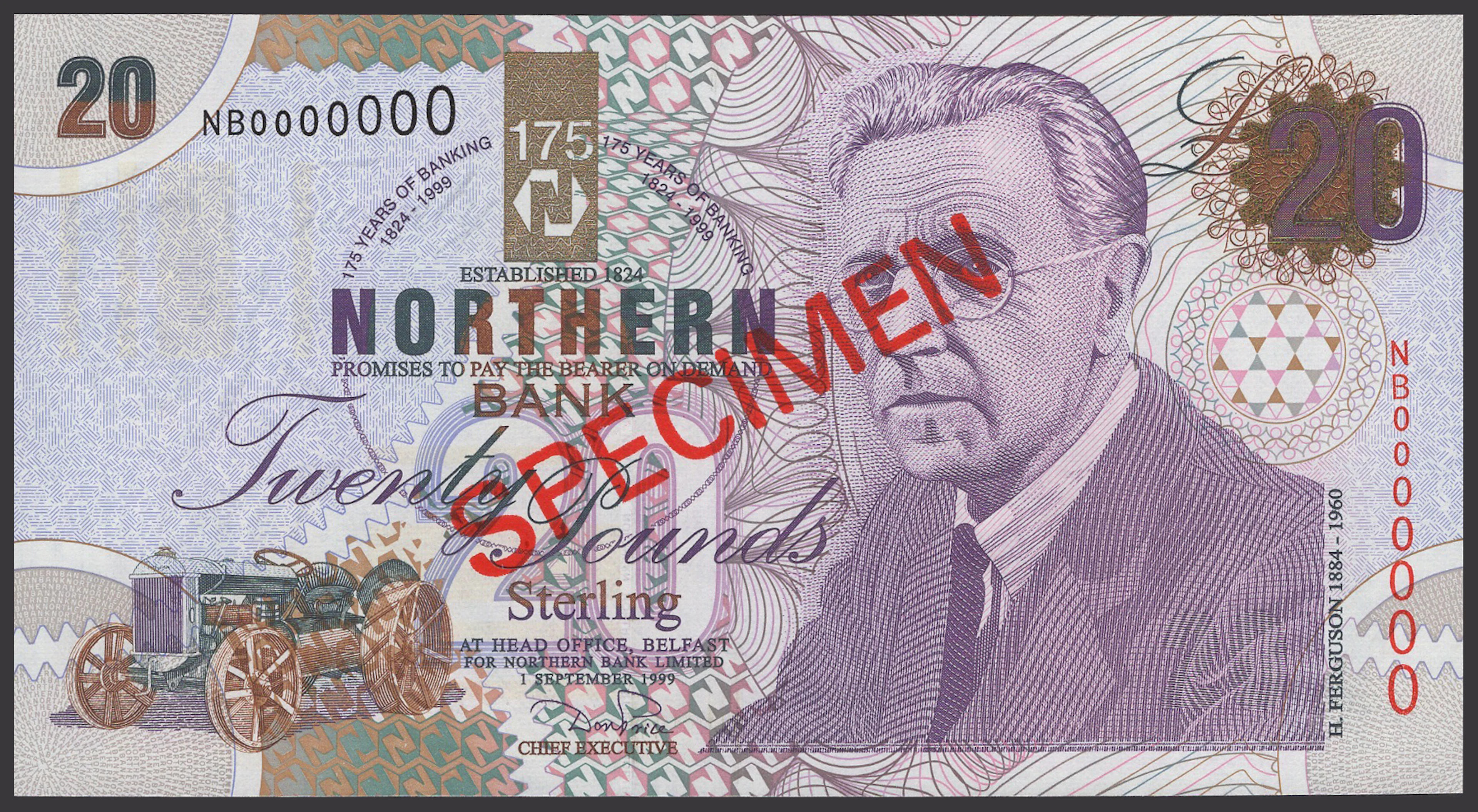 Northern Bank Limited, specimen £20, 1 September 1999, serial number
