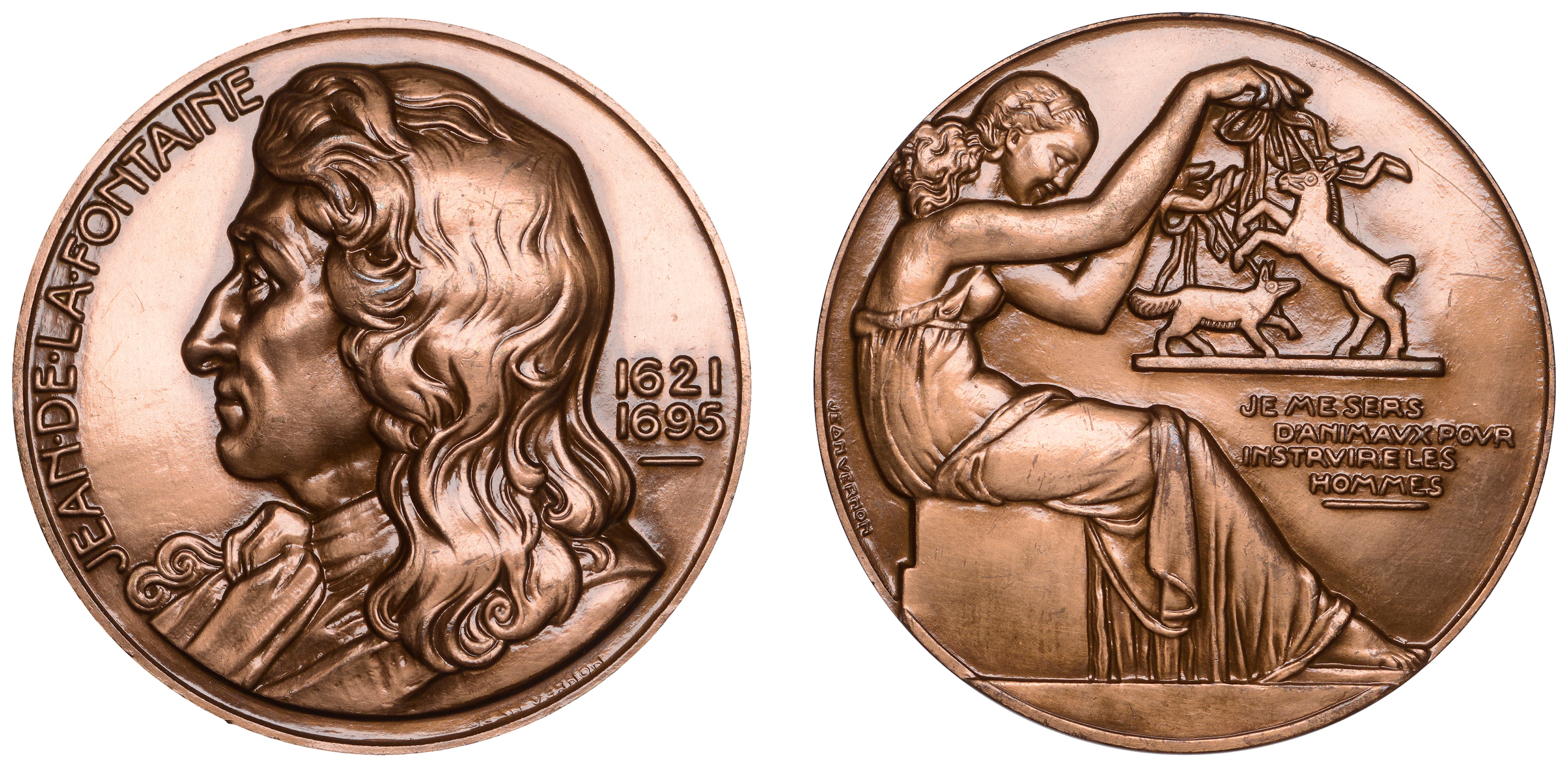 FRANCE, Jean de la Fontaine, 1945, a restrike bronze medal by J.-E.-L.