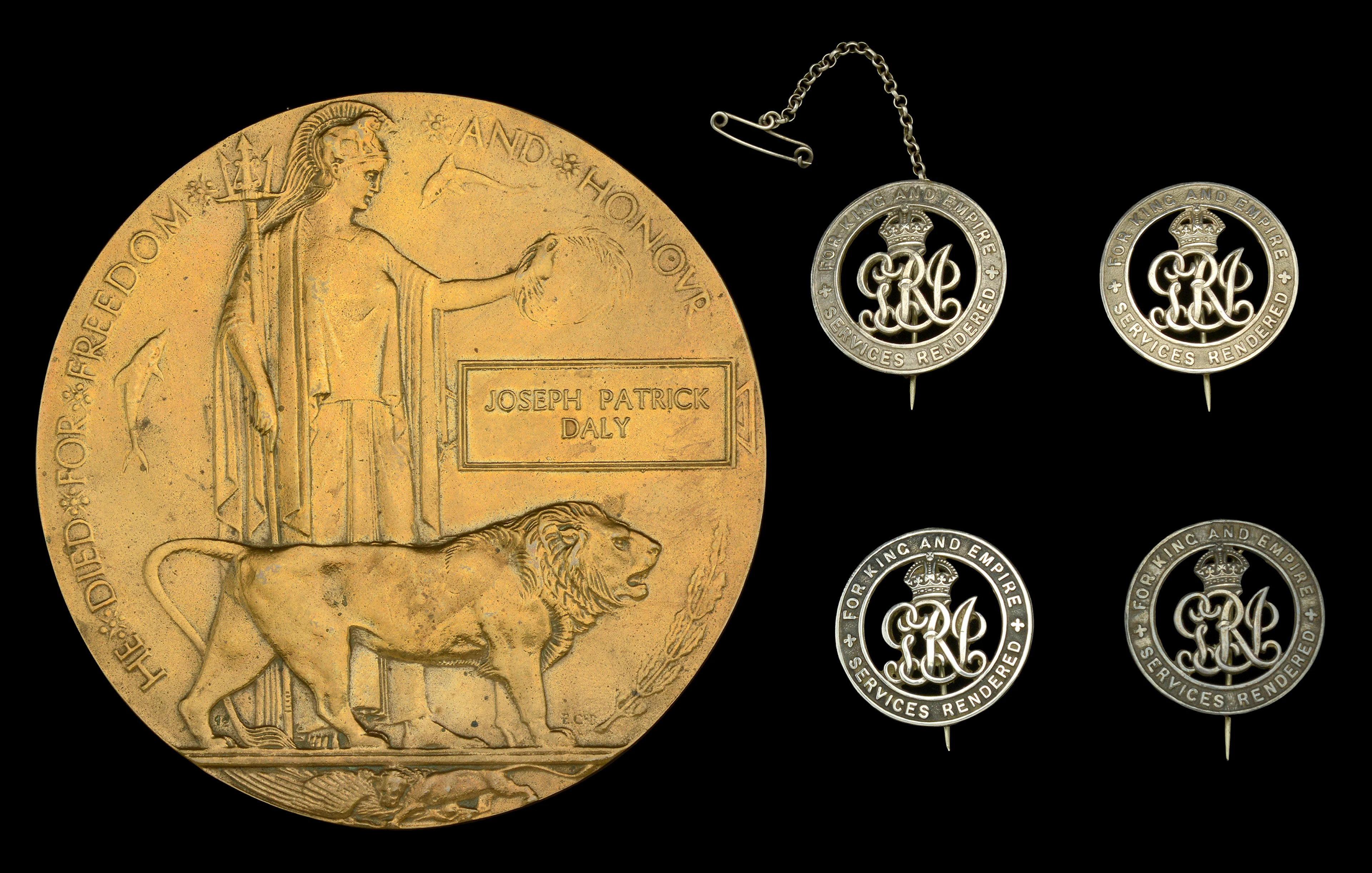 Memorial Plaque (Joseph Patrick Daly); Silver War Badges (4), the