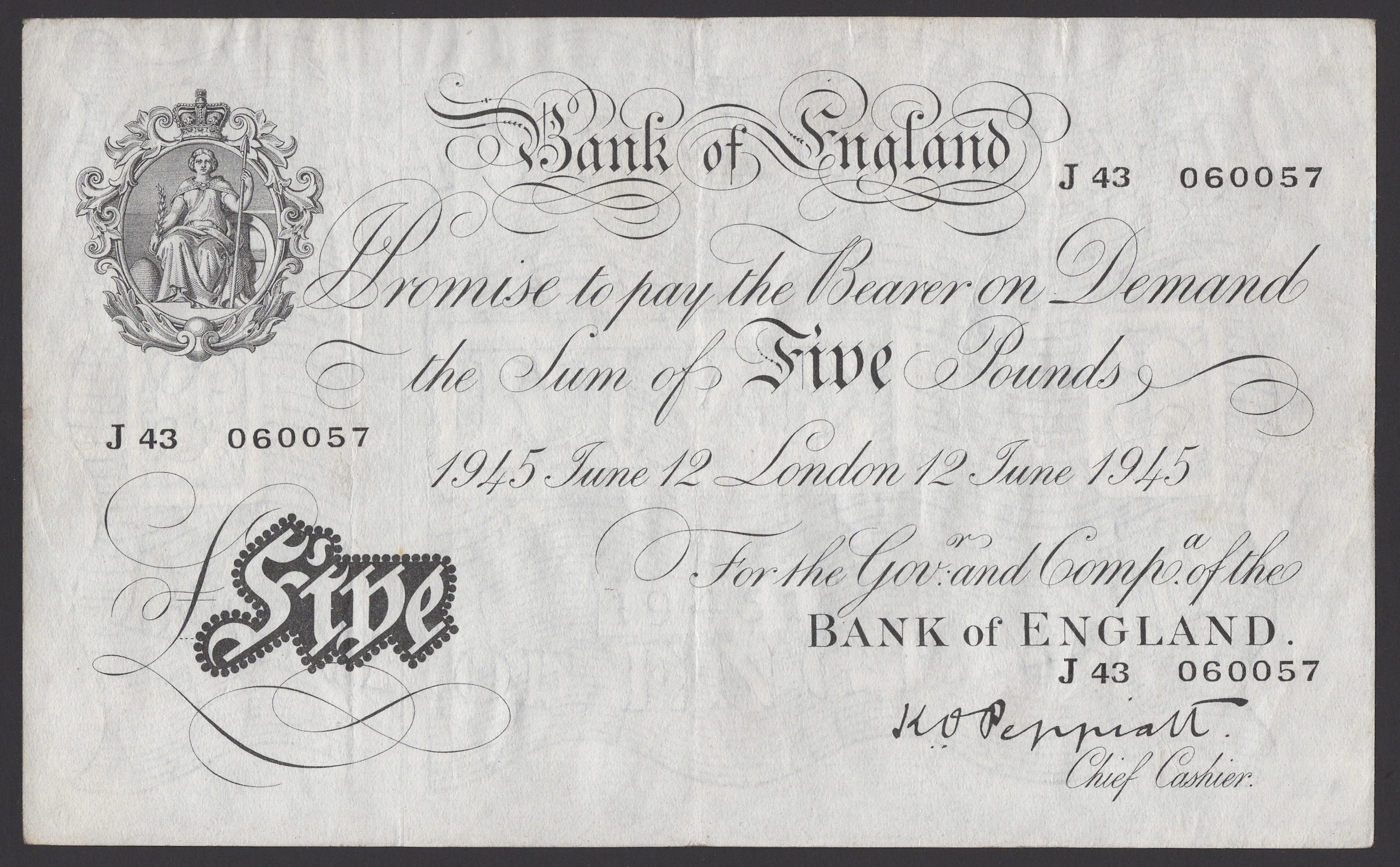 Bank of England, Kenneth O. Peppiatt, £5, 12 June 1945, serial number