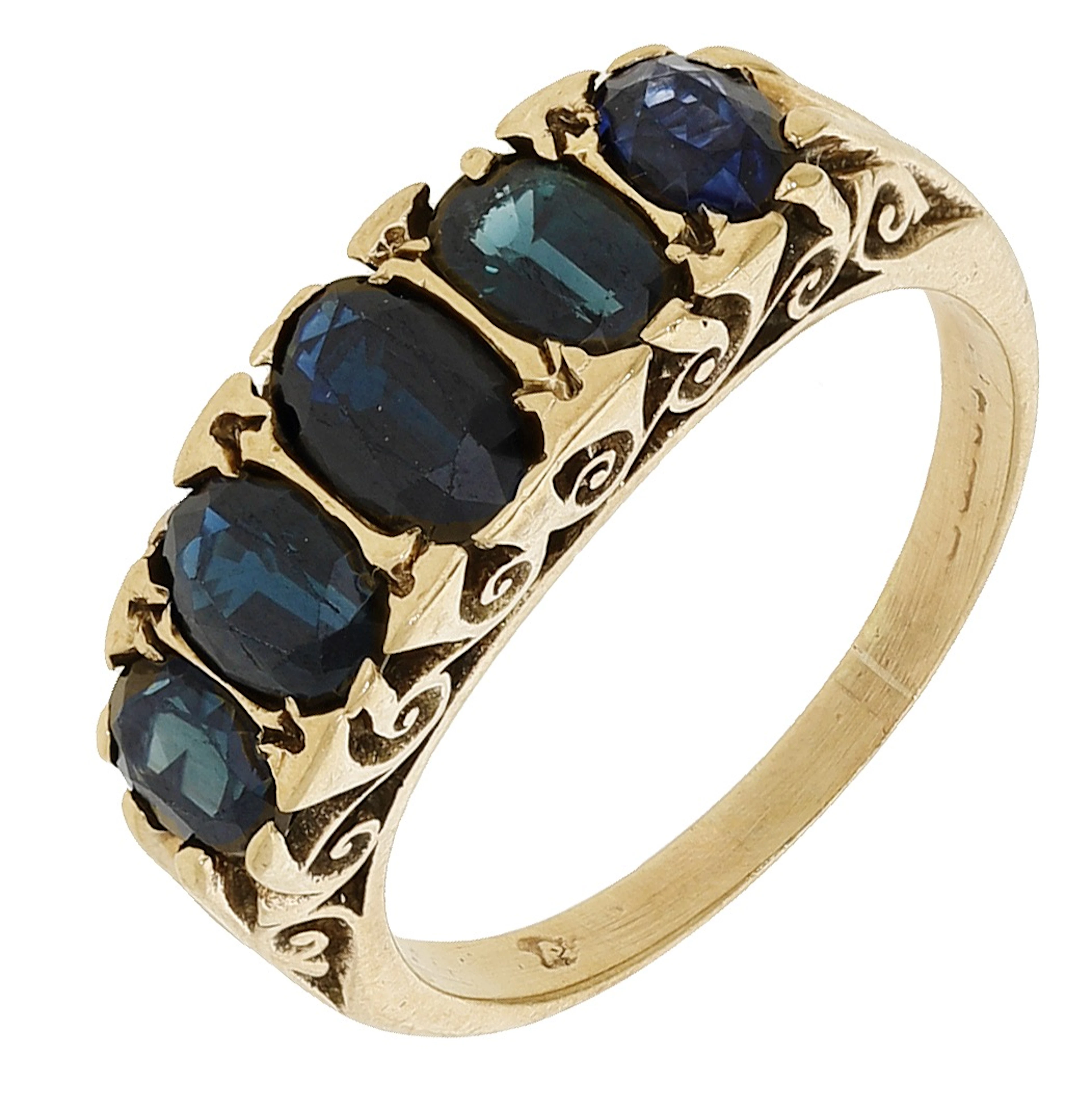 A sapphire five stone ring, the graduated row of oval mixed-cut sapphires