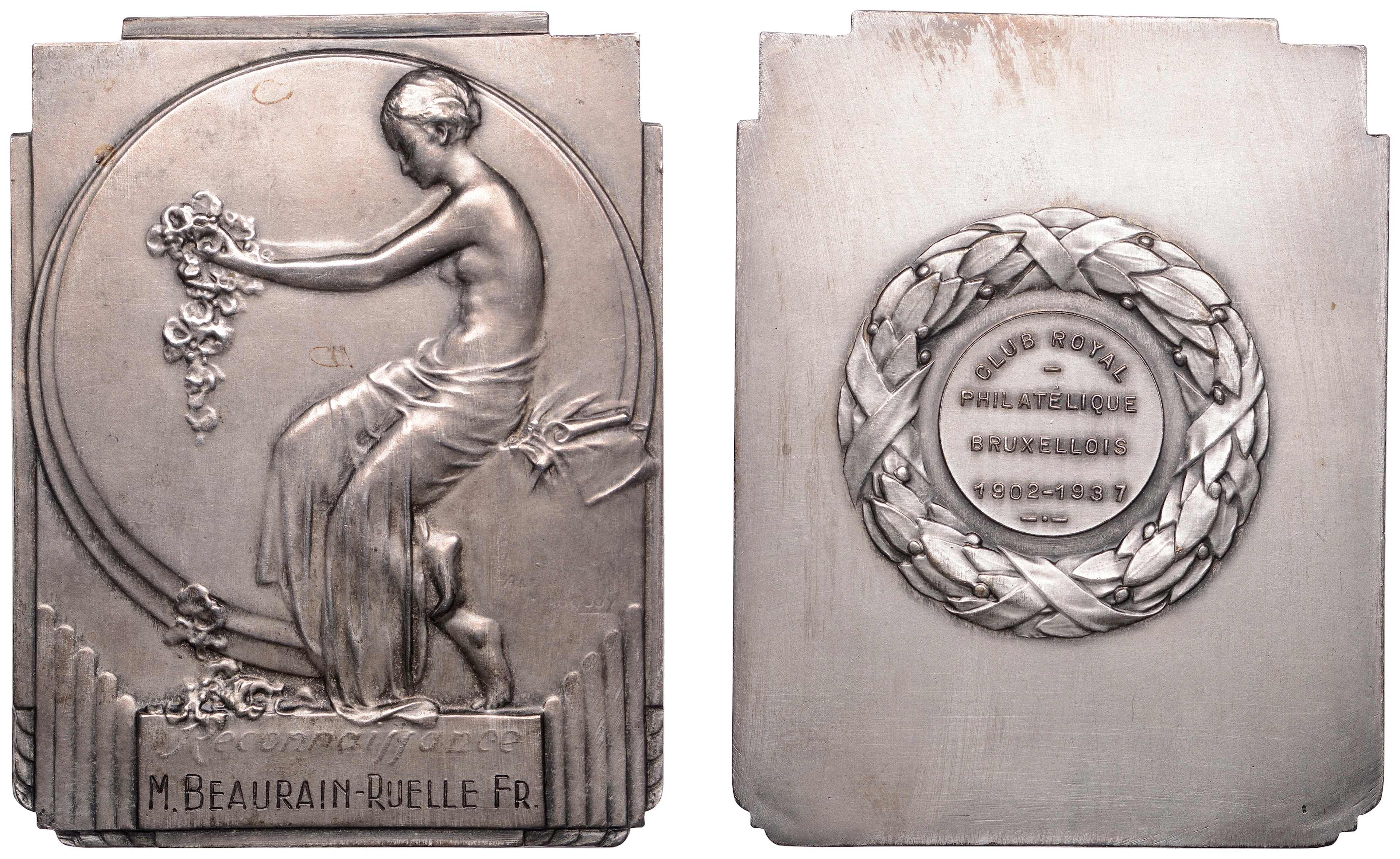 BELGIUM, Reconnaissance, 1936, an Art Déco plated bronze award plaque