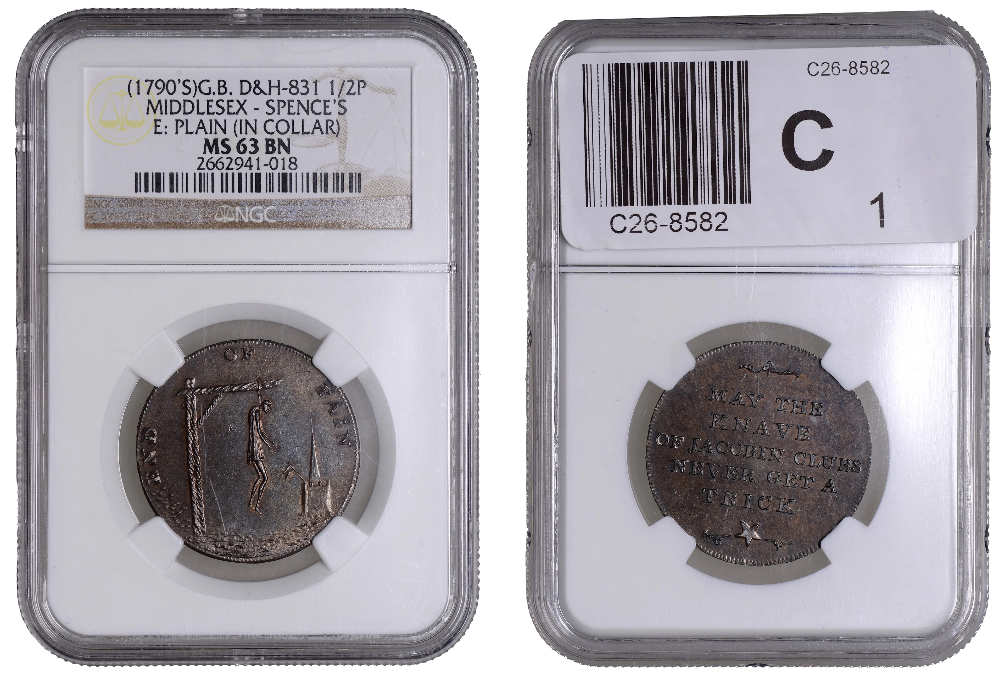 LONDON, High Holborn, Spence’s mule Halfpenny, man hanging series