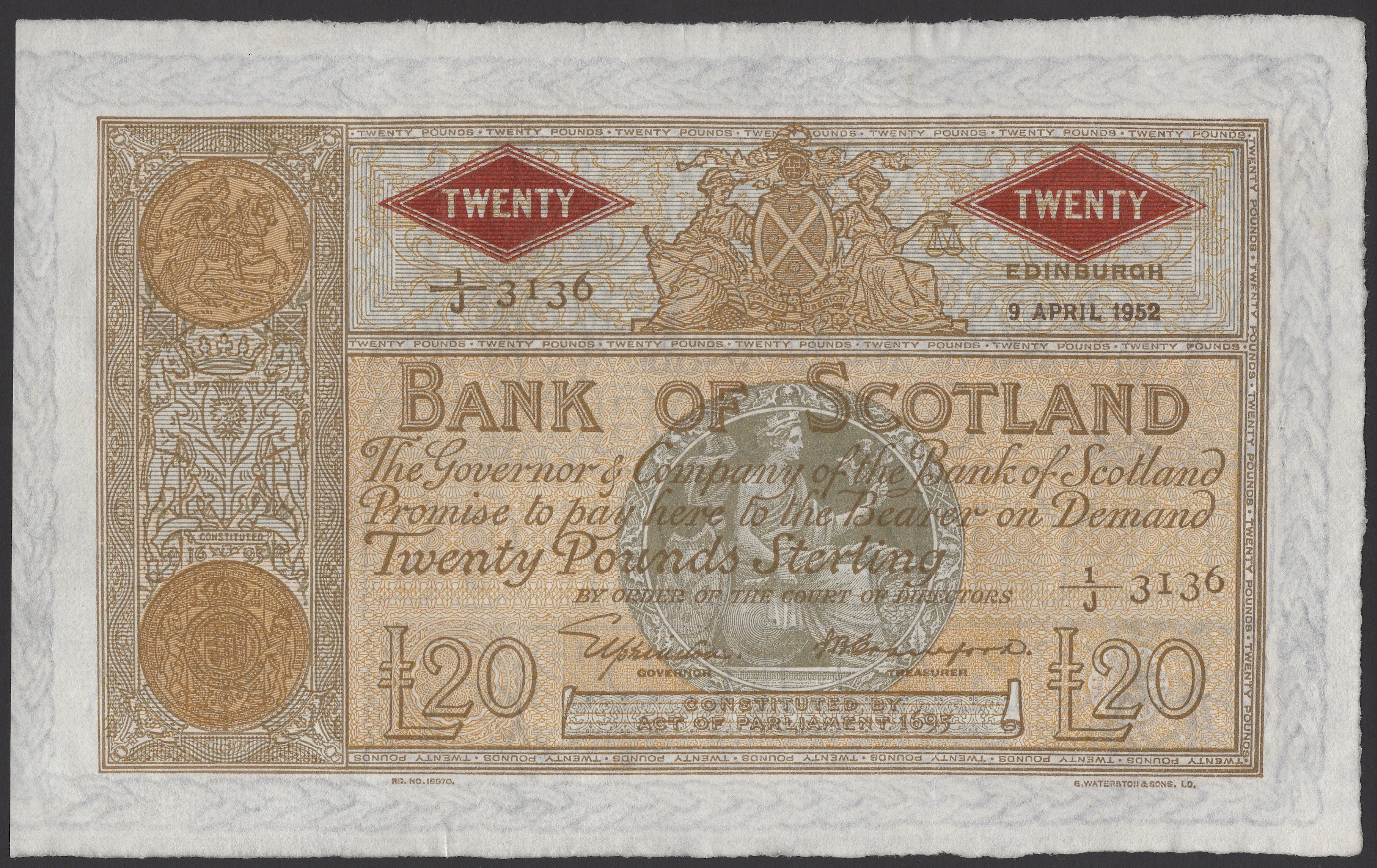 Bank of Scotland, £20, 9 April 1952, serial number 1/J 3136, Elphinstone