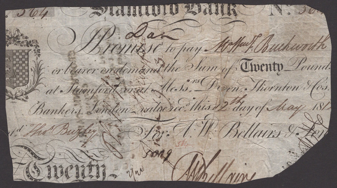 Stamford Bank, for A.W.Bellairs & Son, £20, 2 May 1812, serial number