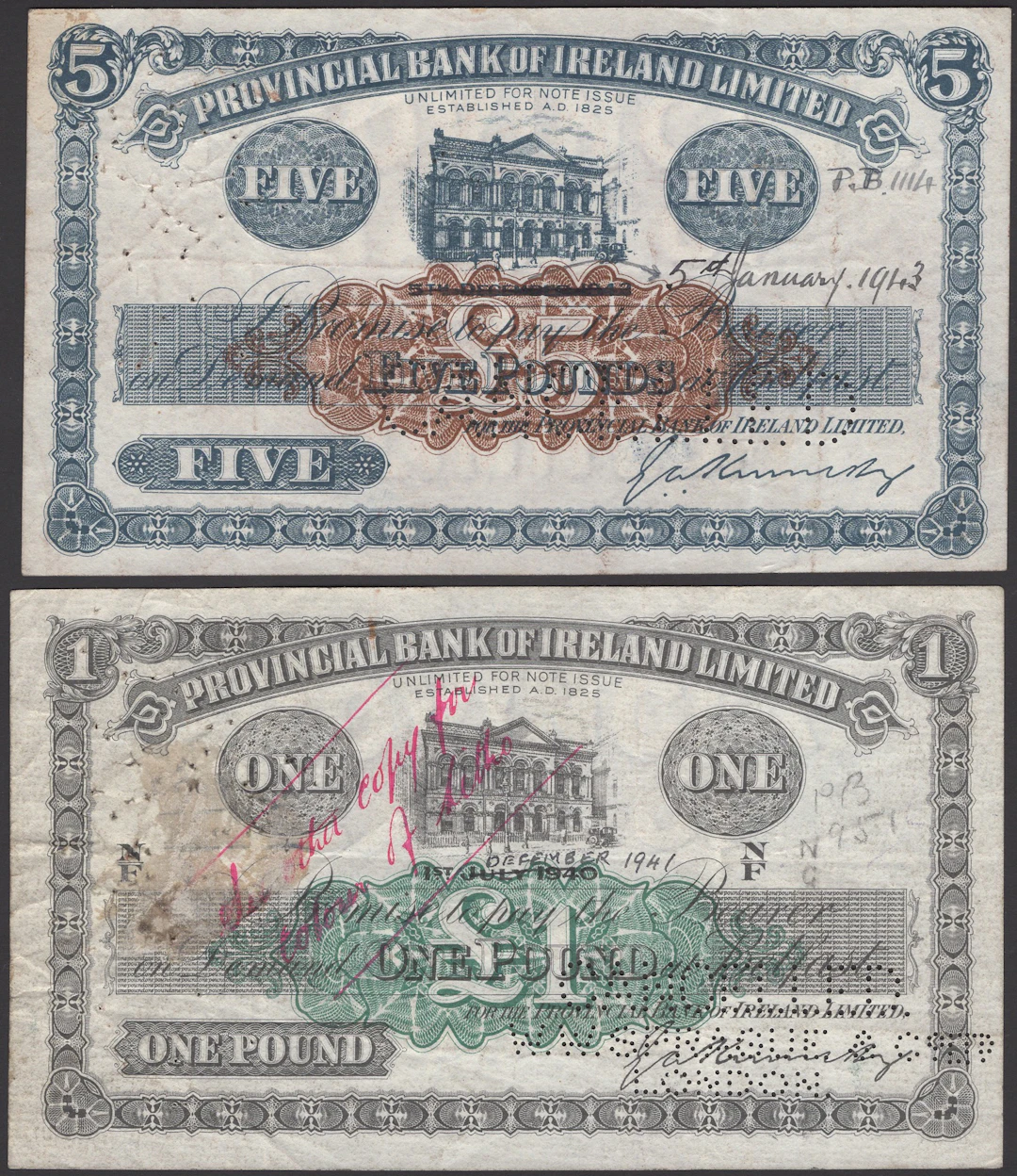 Provincial Bank of Ireland Ltd, a pair of proofs/instruction notes