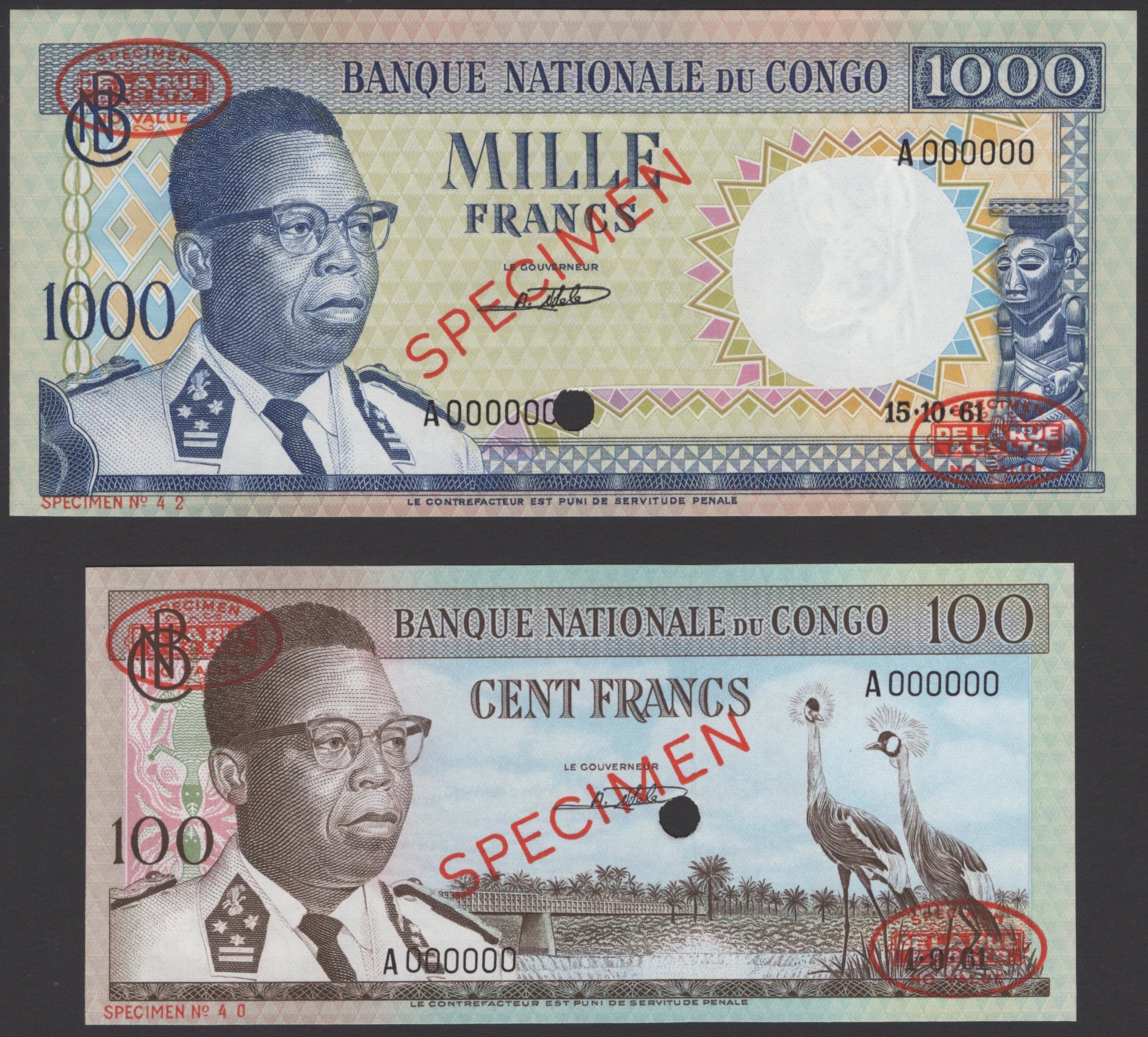 Banque Nationale du Congo, specimen 100 Francs, 1 September 1961