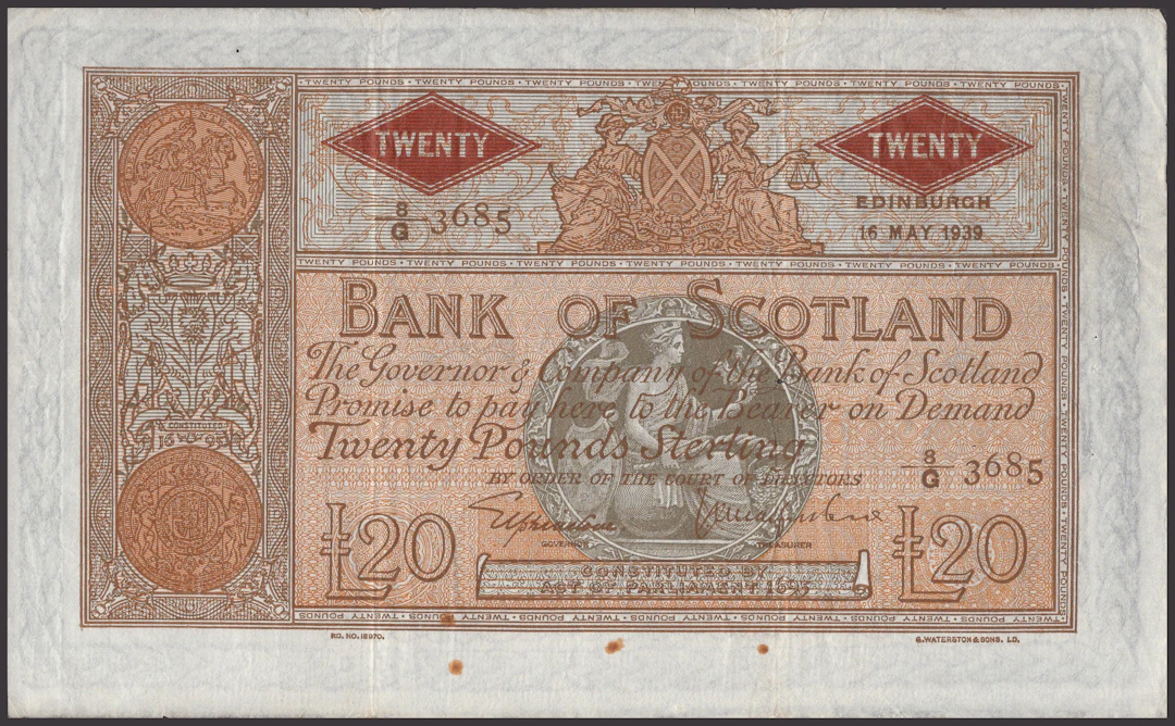 Bank of Scotland, £20, 16 May 1939, serial number 8/G 3685, Elphinstone
