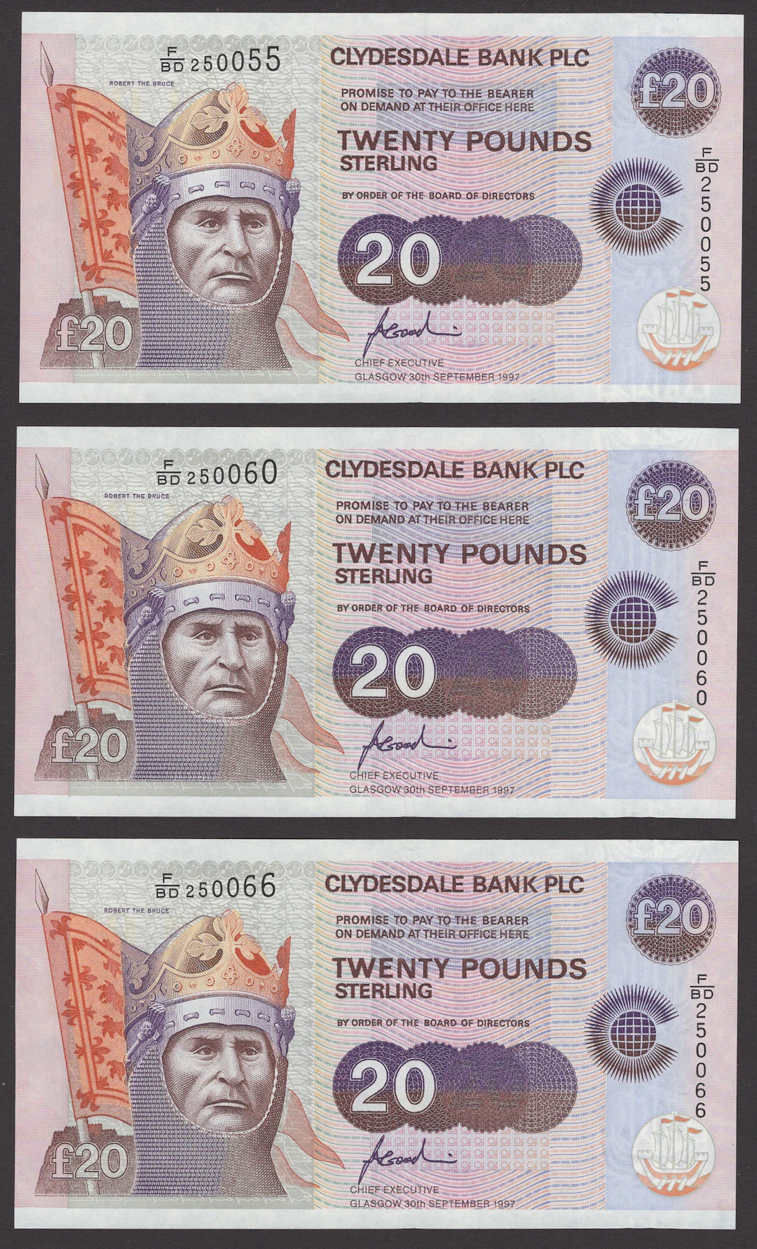 Clydesdale Bank PLC, commemorative £20 (3), 30 September 1997, serial