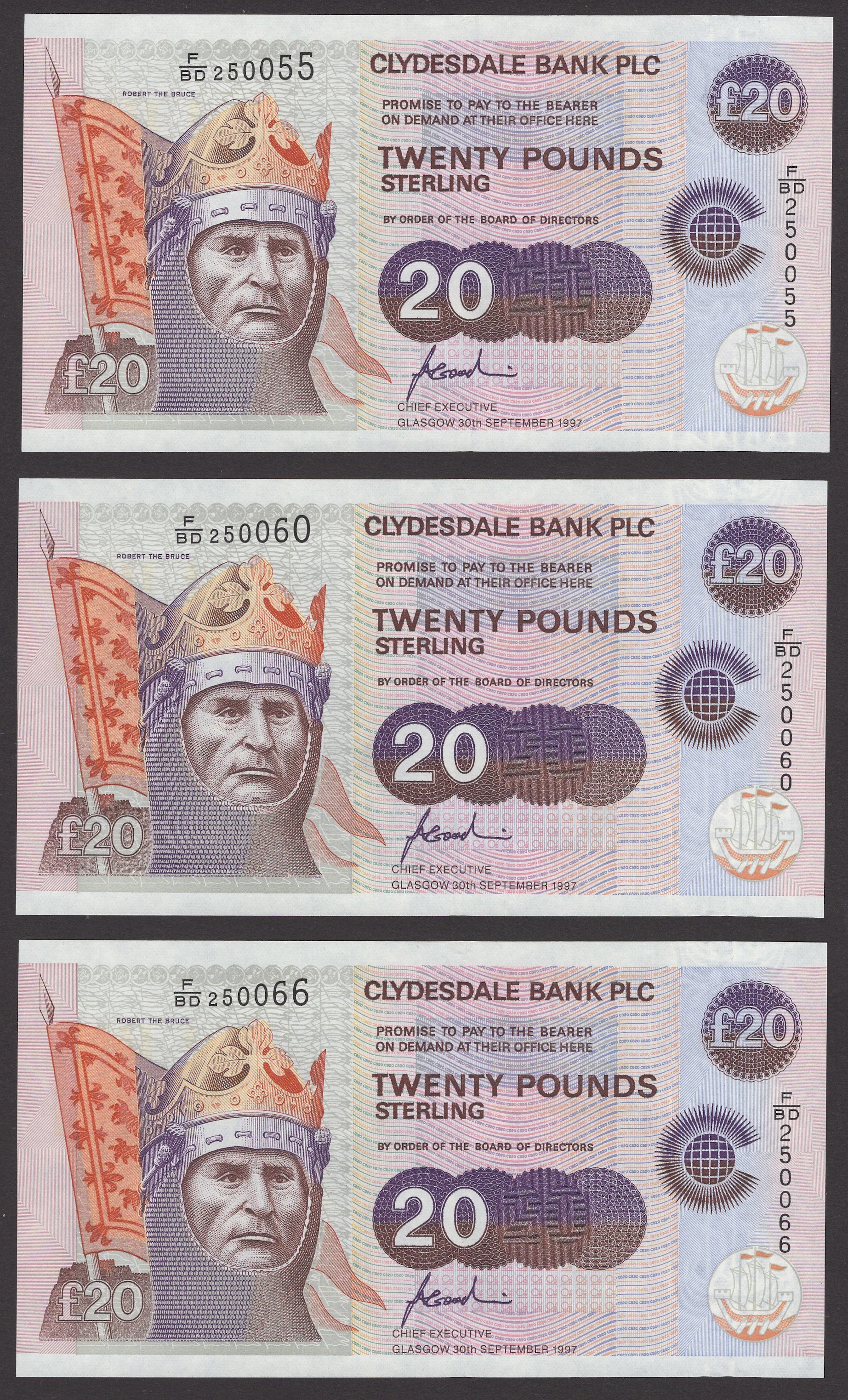 Clydesdale Bank PLC, commemorative £20 (3), 30 September 1997, serial
