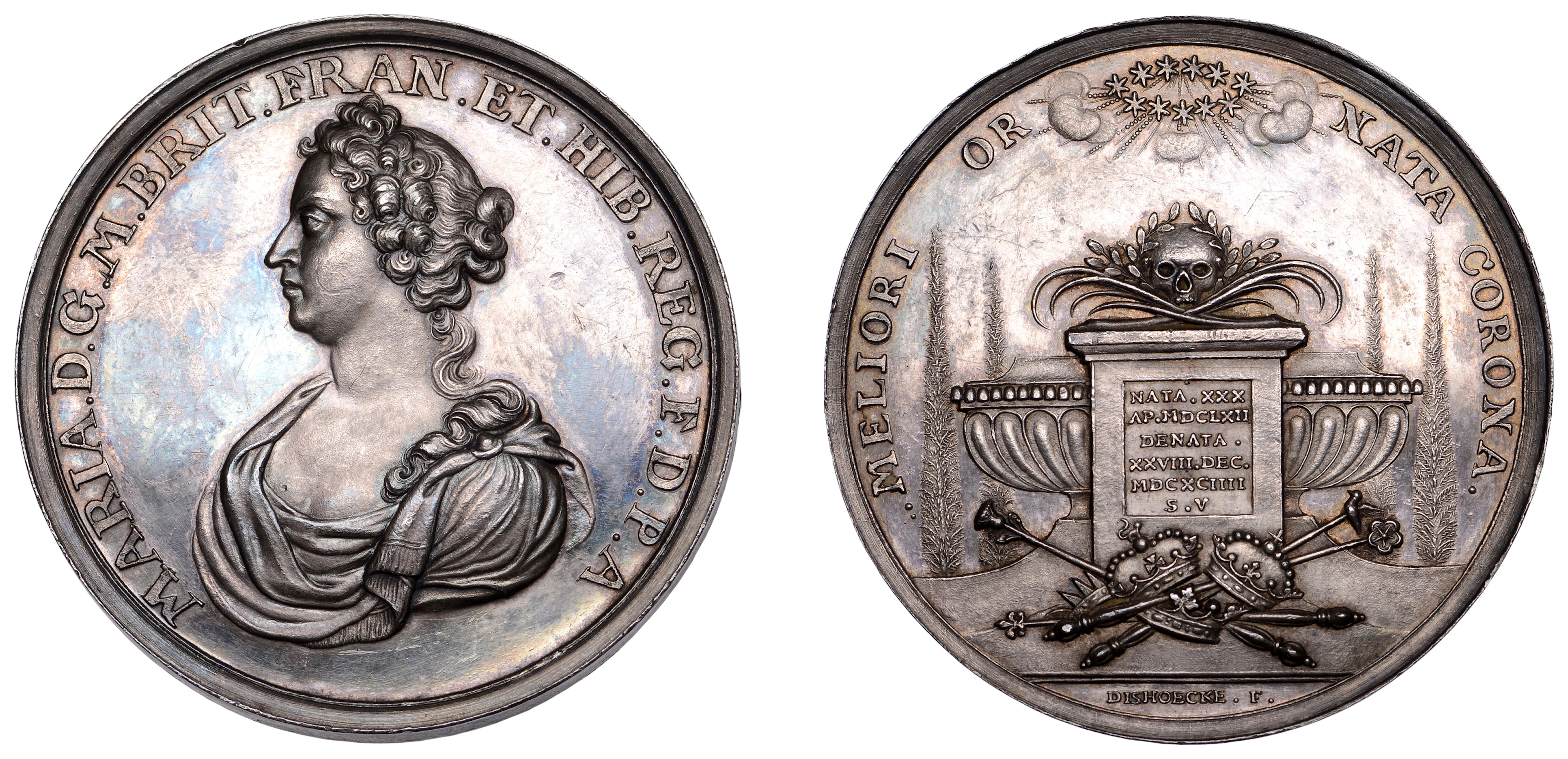 Death of Mary II, 1694, a silver medal by J. van Dishoeke, draped