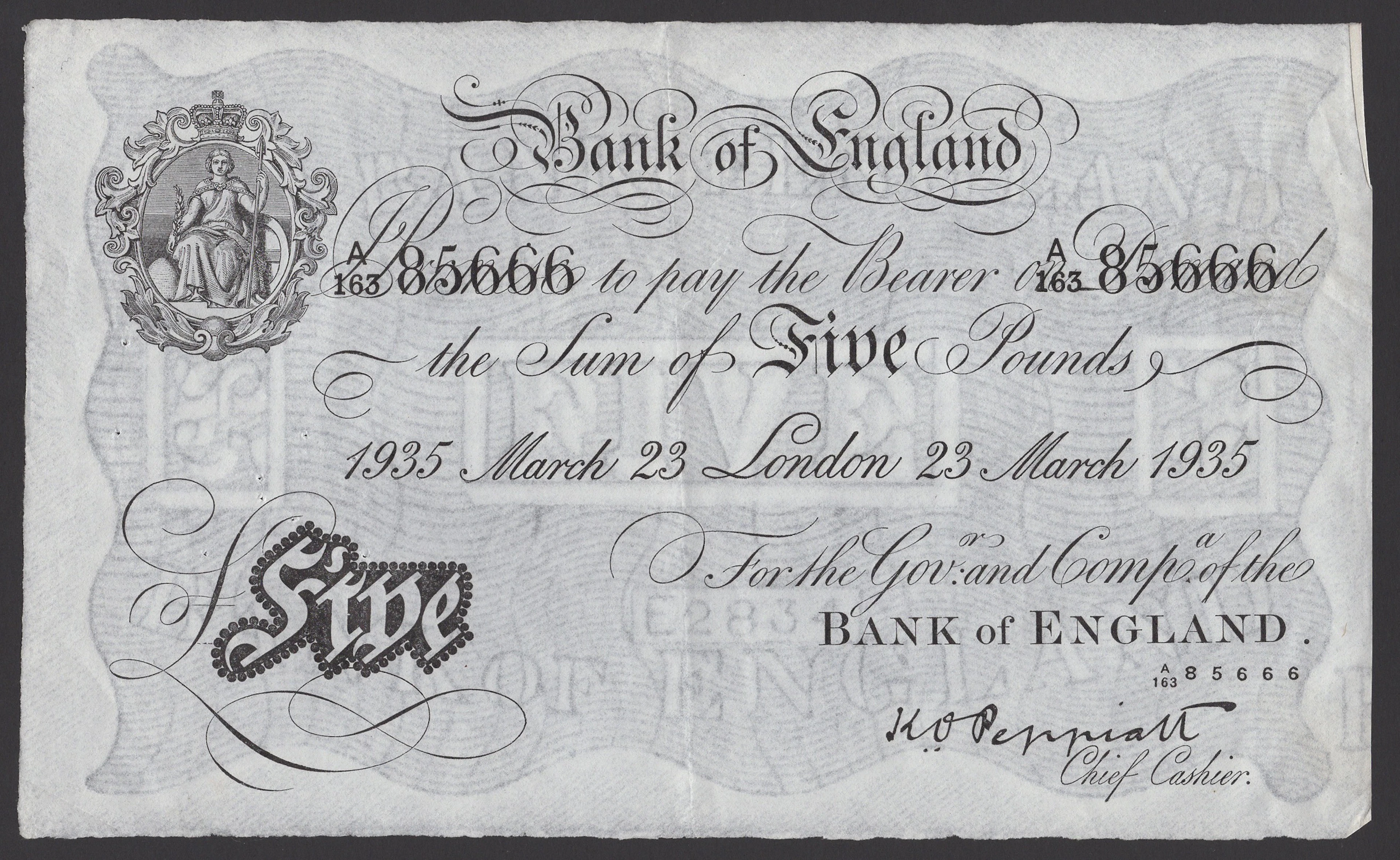 Bank of England, Kenneth O. Peppiatt, £5, London, 23 March 1935, serial