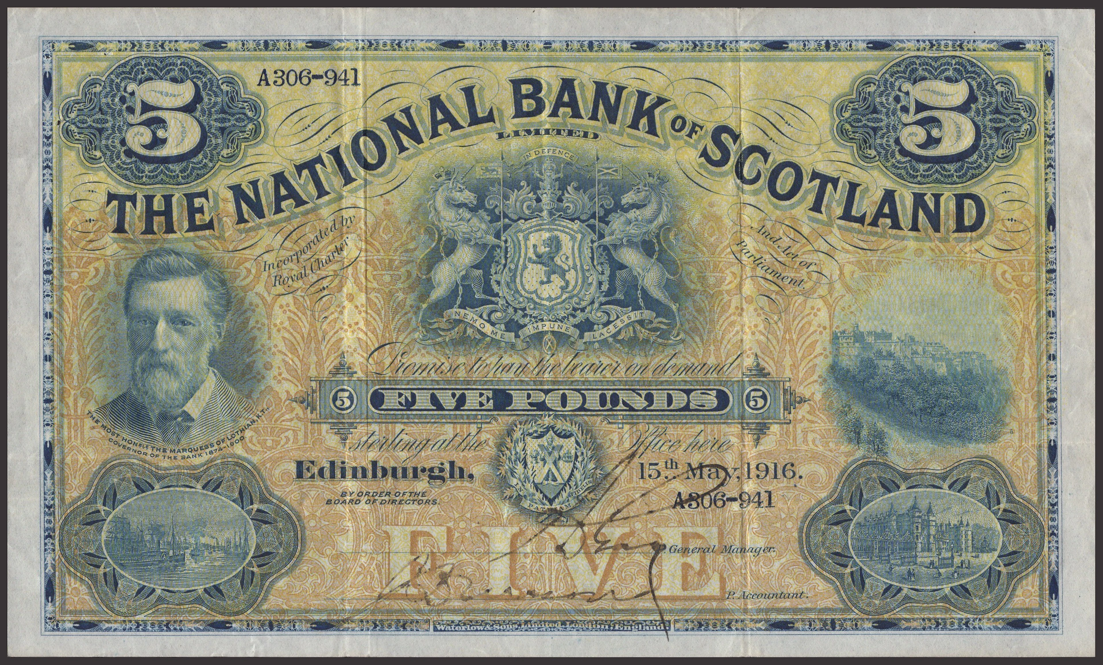 National Bank of Scotland Limited, £5, 15 May 1916, serial number