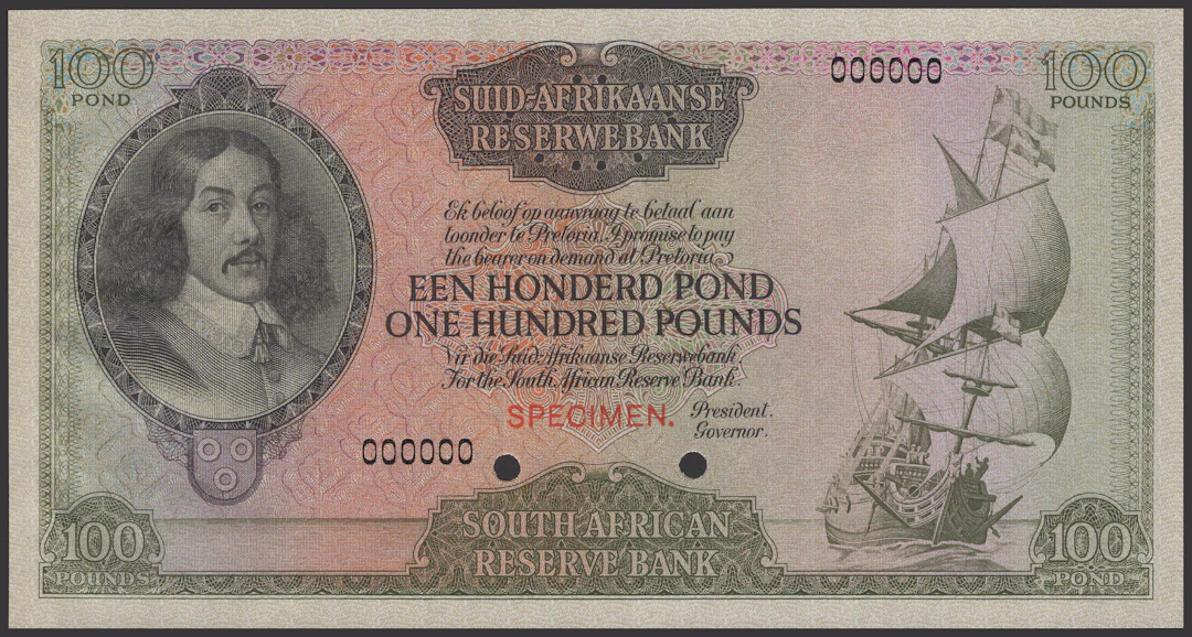 South African Reserve Bank, colour trial £100, ND (1952), serial number
