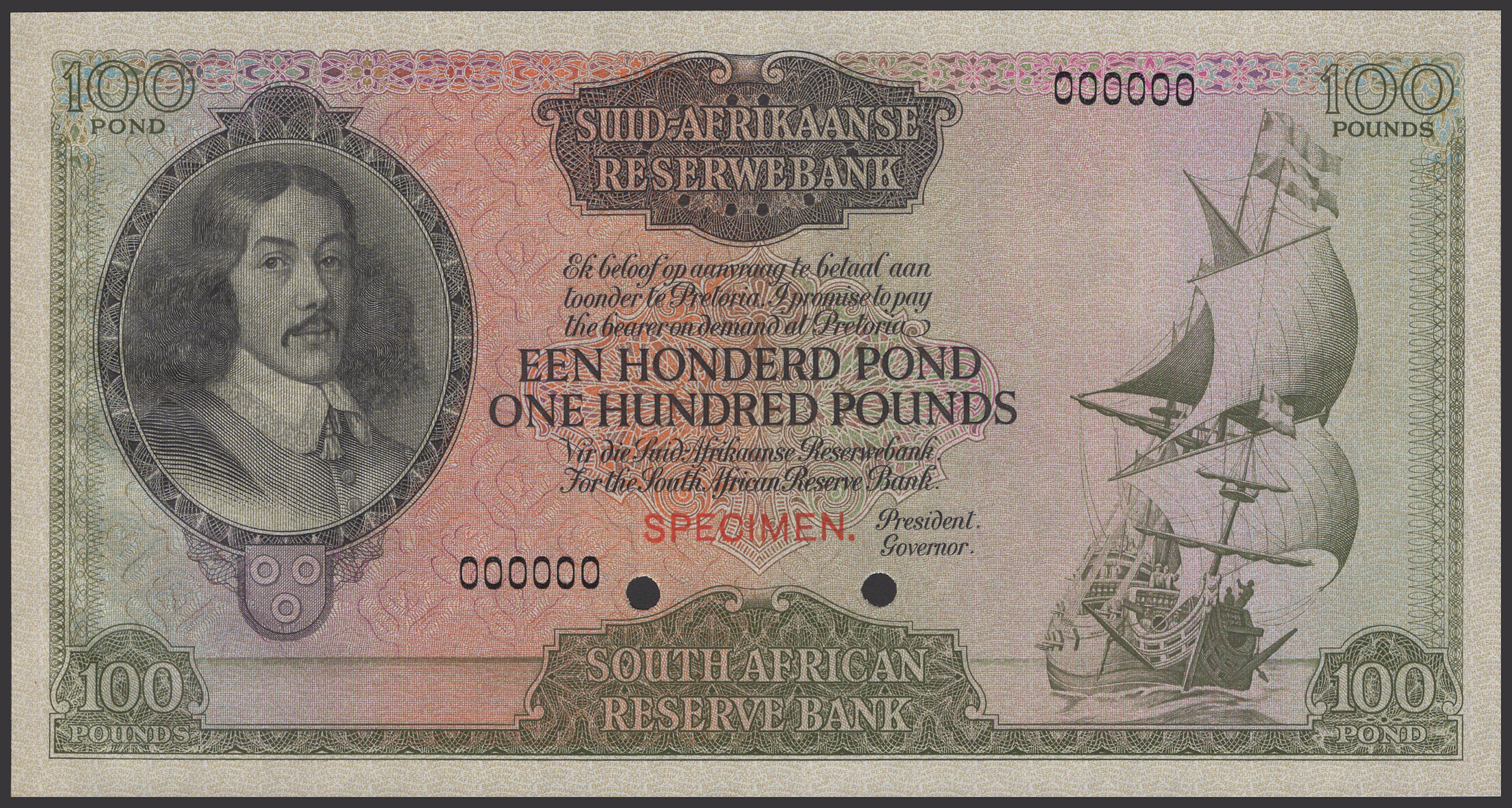 South African Reserve Bank, colour trial £100, ND (1952), serial number