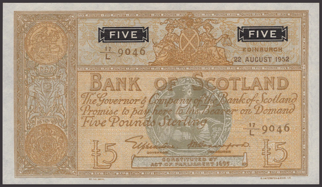 Bank of Scotland, £5, 22 August 1952, serial number 17/L 9046, Elphinstone