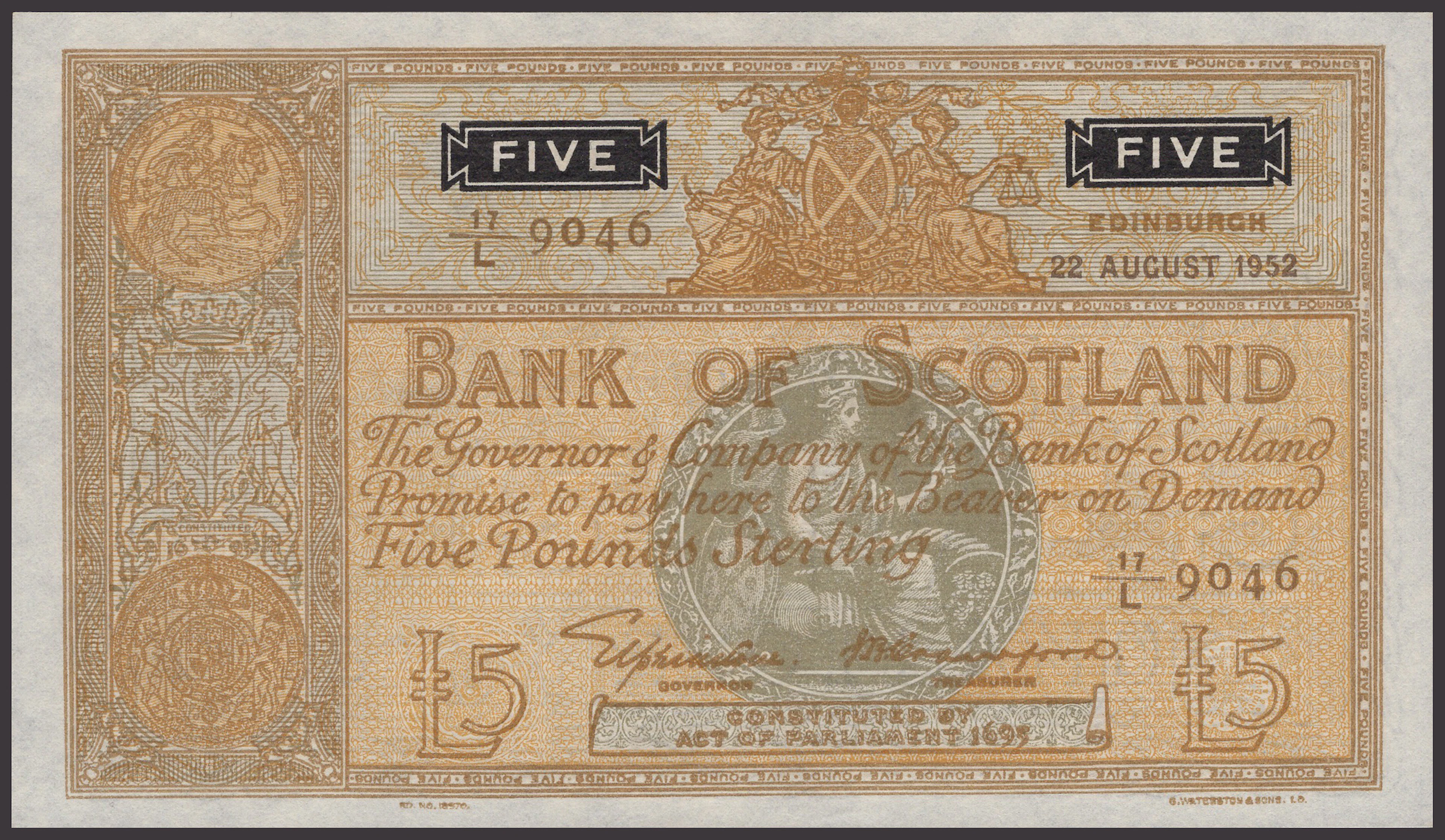 Bank of Scotland, £5, 22 August 1952, serial number 17/L 9046, Elphinstone