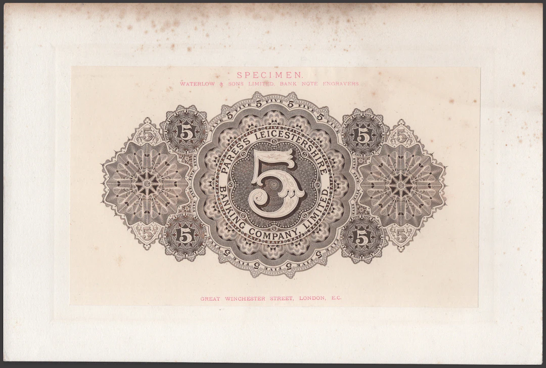 Pares’s Leicestershire Banking Co. Ltd, reverse proof for £5, ND (late