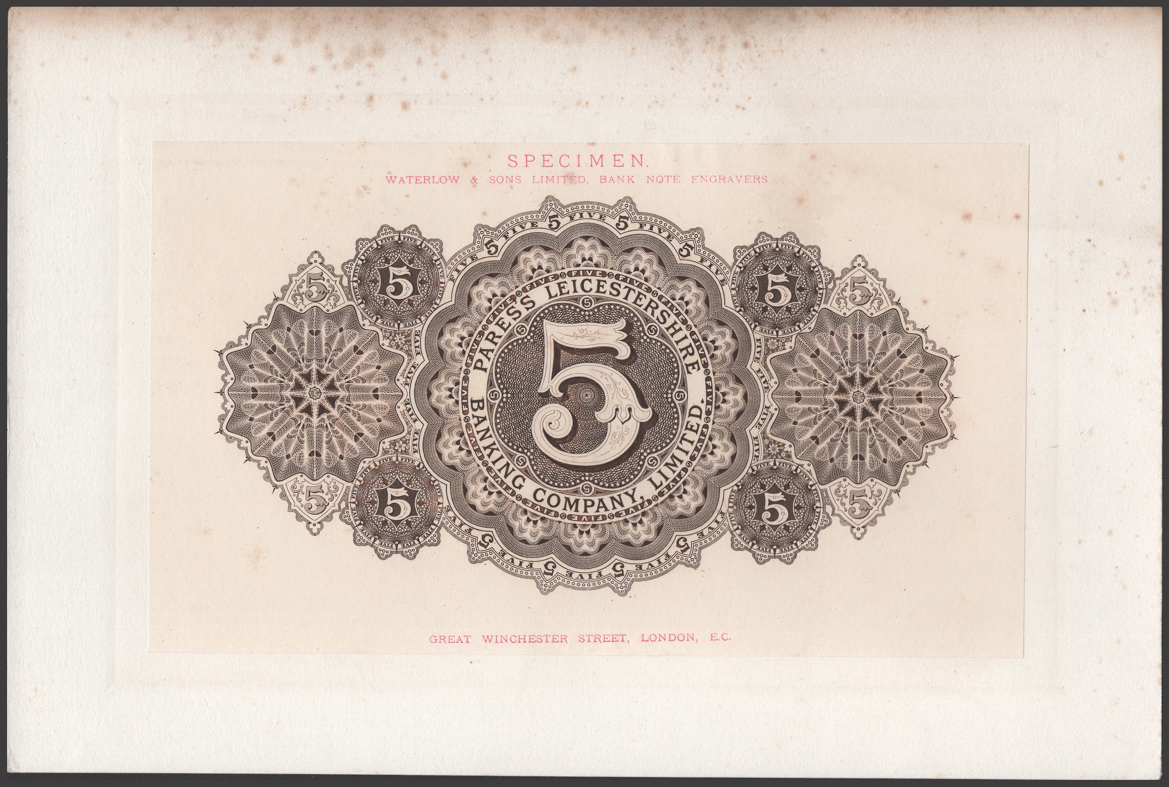Pares’s Leicestershire Banking Co. Ltd, reverse proof for £5, ND (late