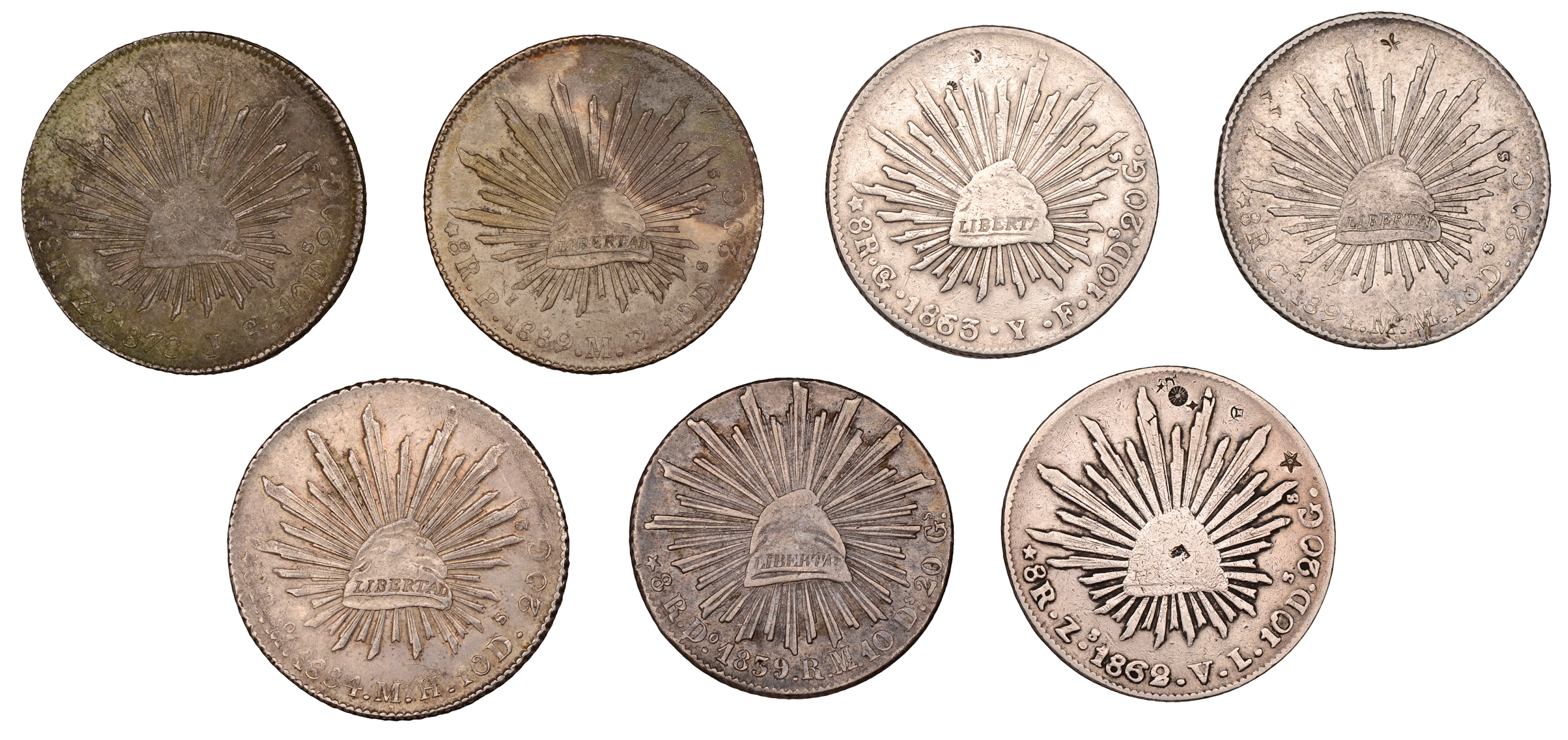Mexico, Republic, 8 Reales (6), 1839do rm, 1862zs vl, 1863go yf, 1878zs