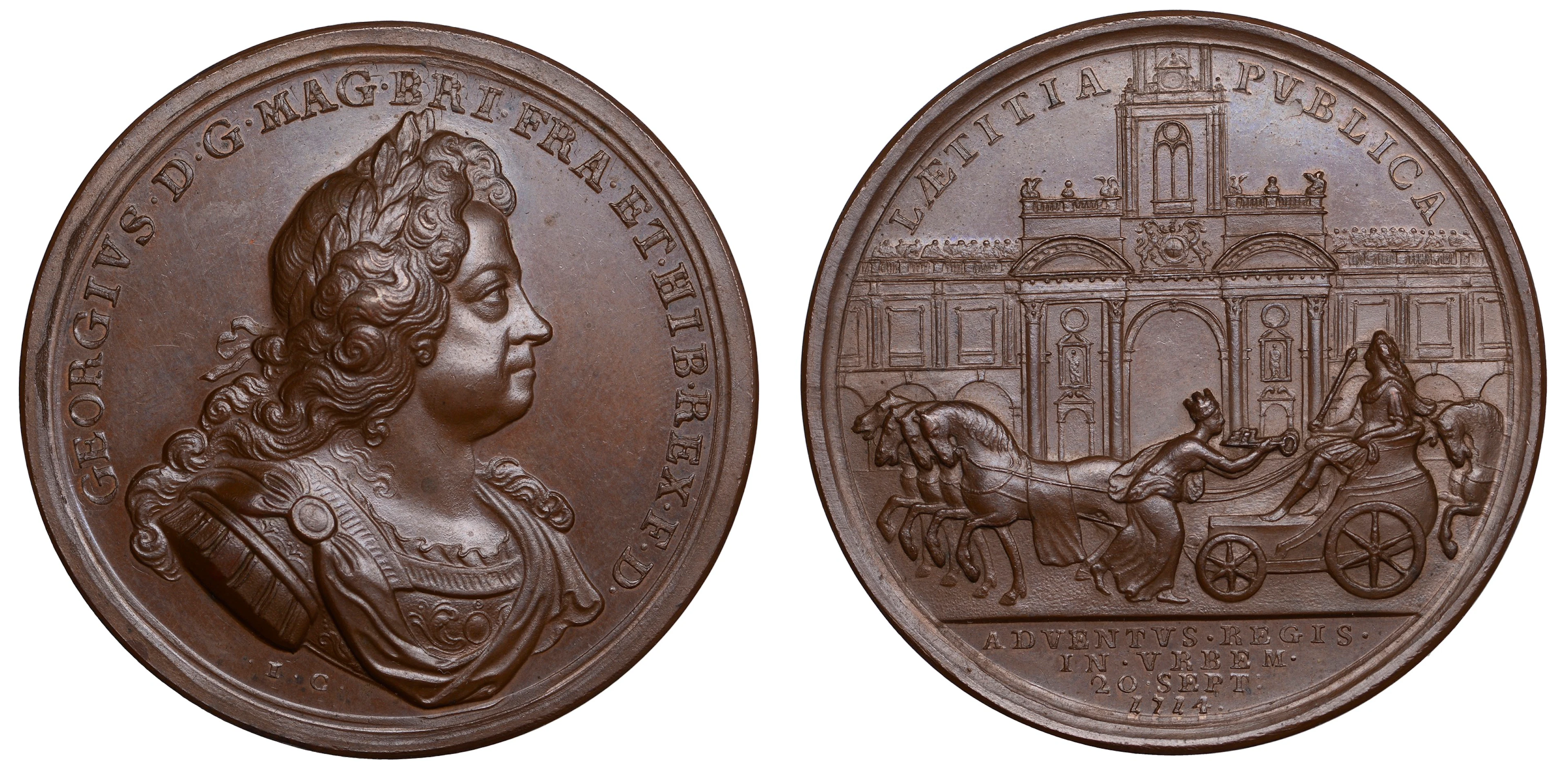 George I, Entry into London, 1714, a copper medal by J. Croker, laureate