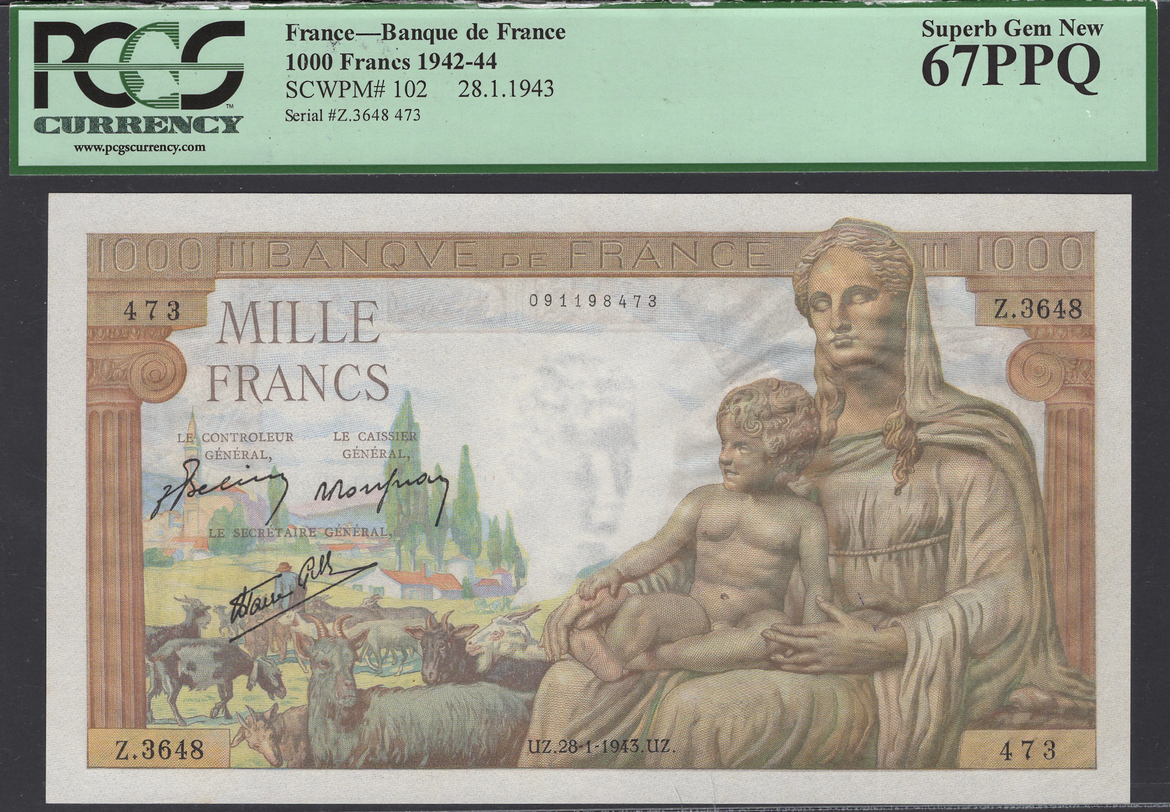 Banque de France, 1000 Francs, 28 January 1943, serial number Z.3648