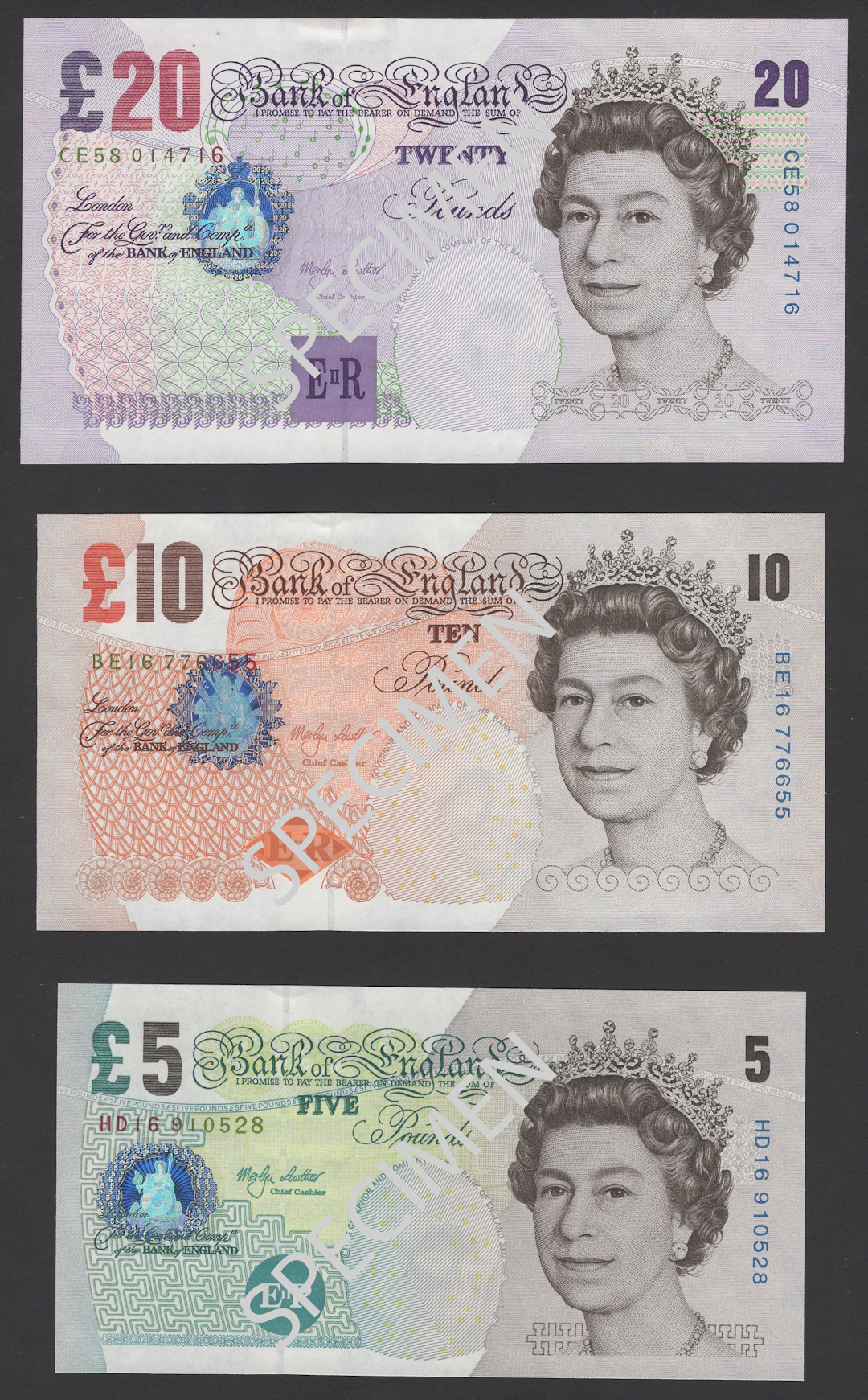 Bank of England, Merlyn V. Lowther, £5, £10, £20, and £50, 1999, prefixes