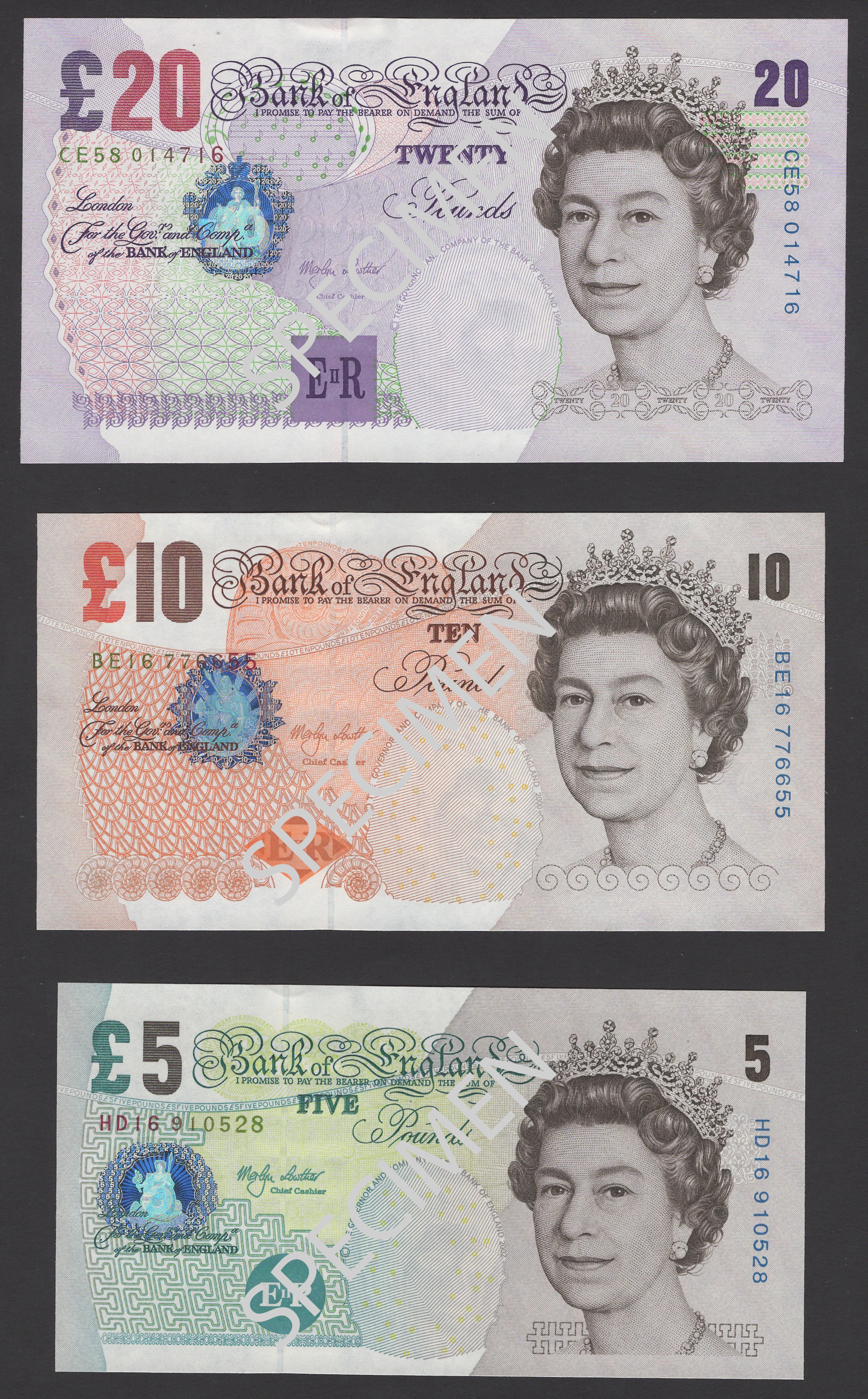 Bank of England, Merlyn V. Lowther, £5, £10, £20, and £50, 1999, prefixes