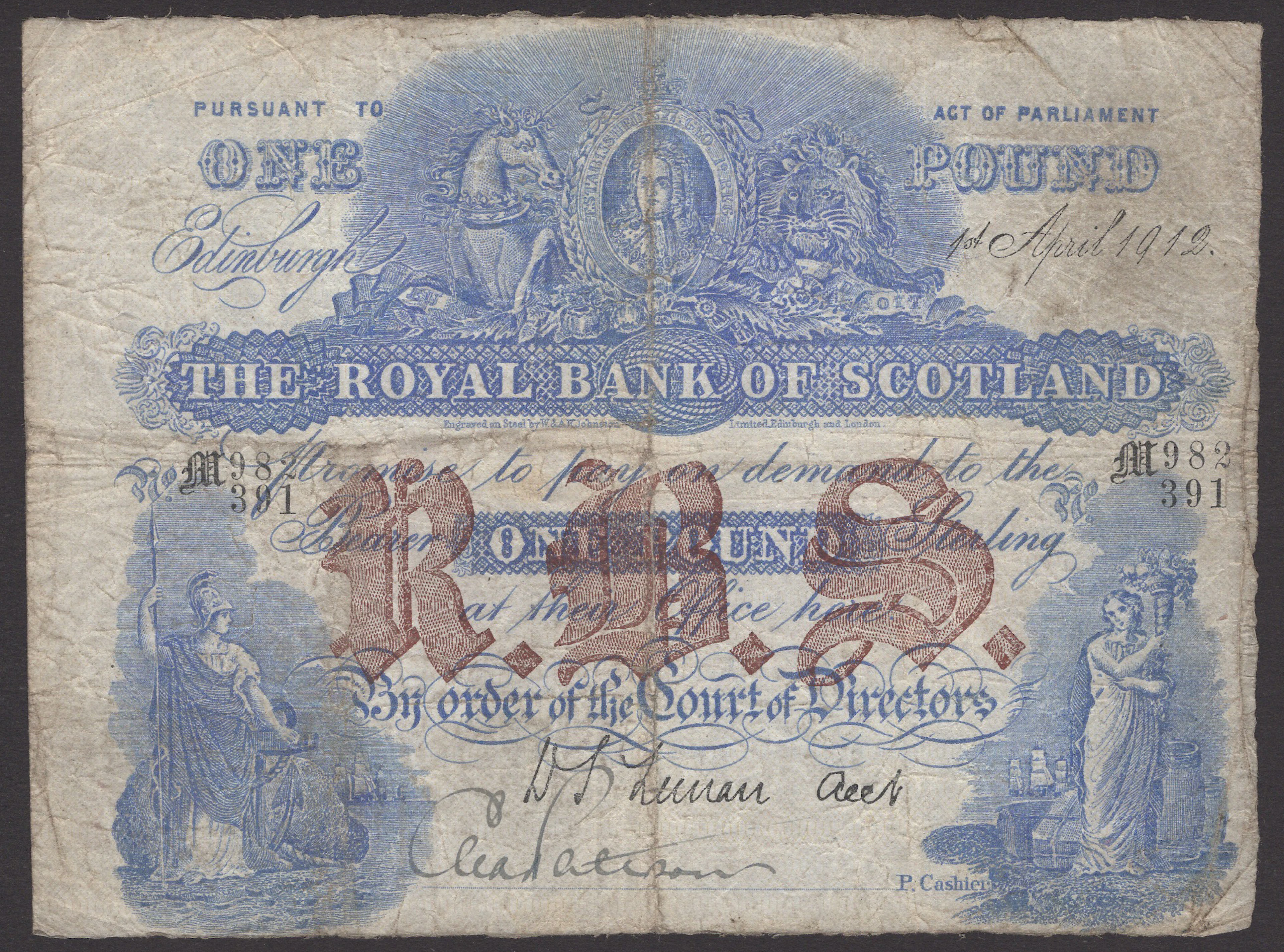 Royal Bank of Scotland, £1, 1 April 1912, serial number M 982/391
