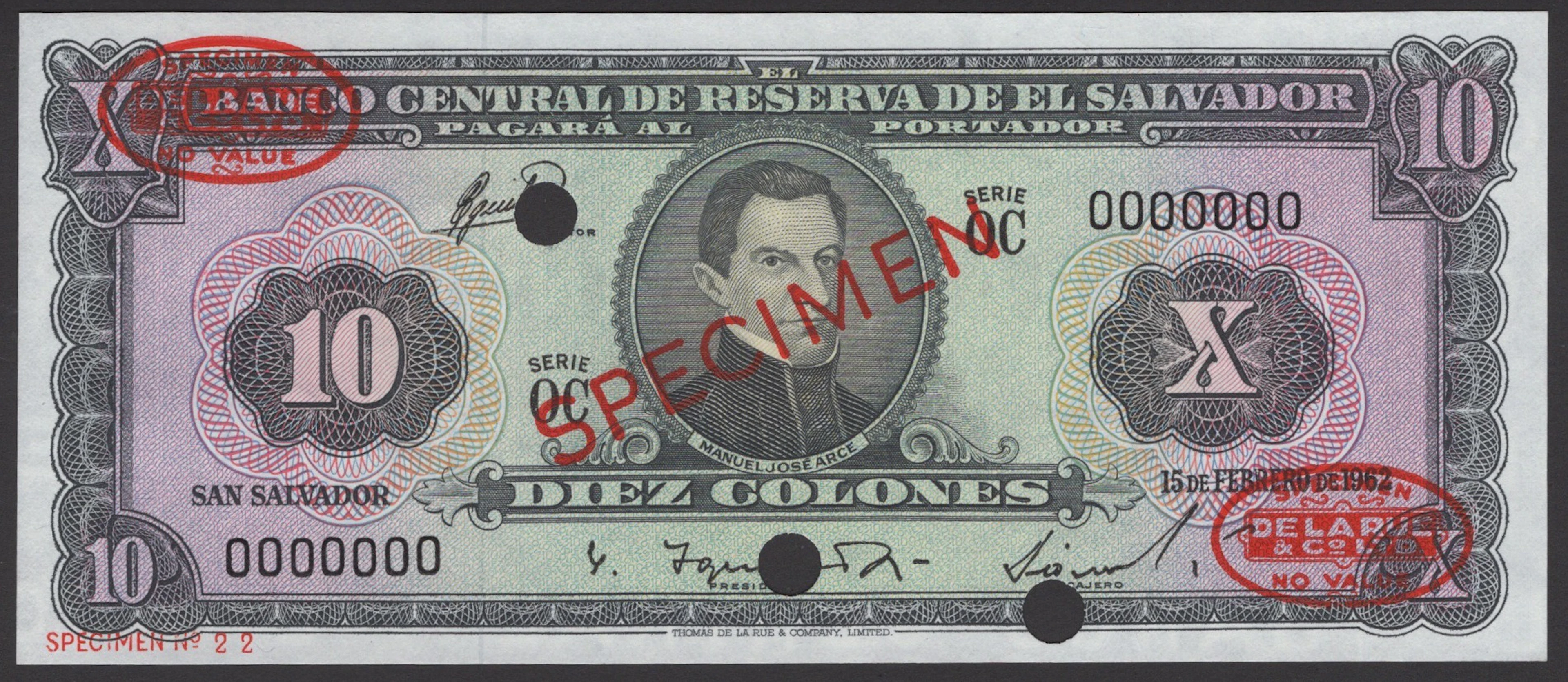 El Banco Central de Reserva de el Salvador, specimen 10 Colones, 15