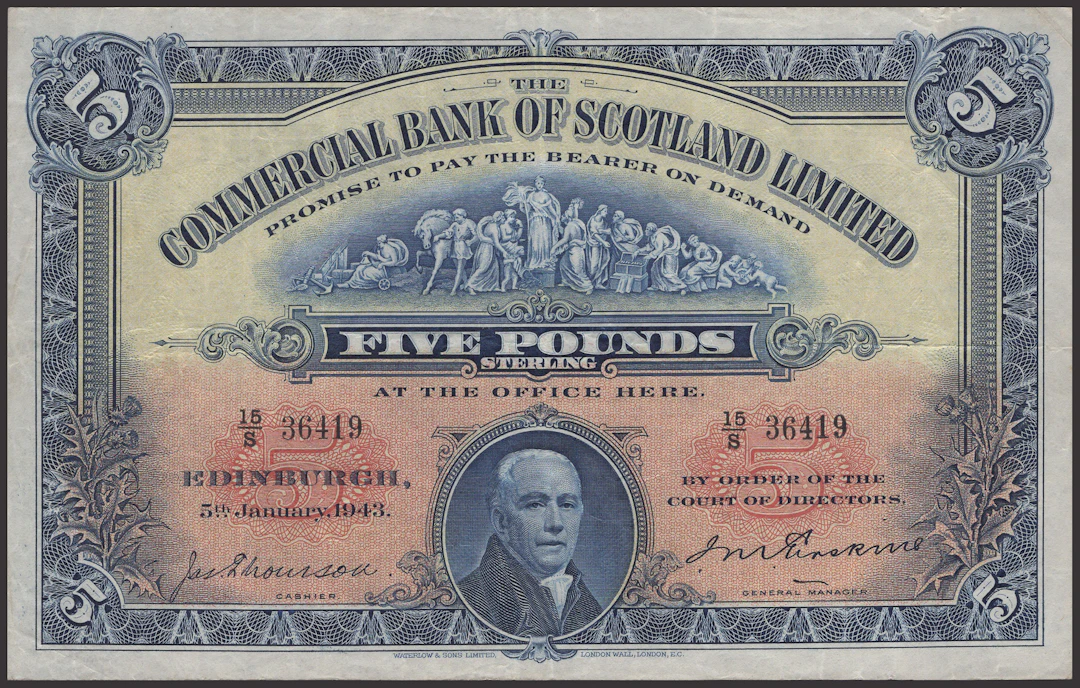 Commercial Bank of Scotland Limited, £5, 5 January 1943, serial number