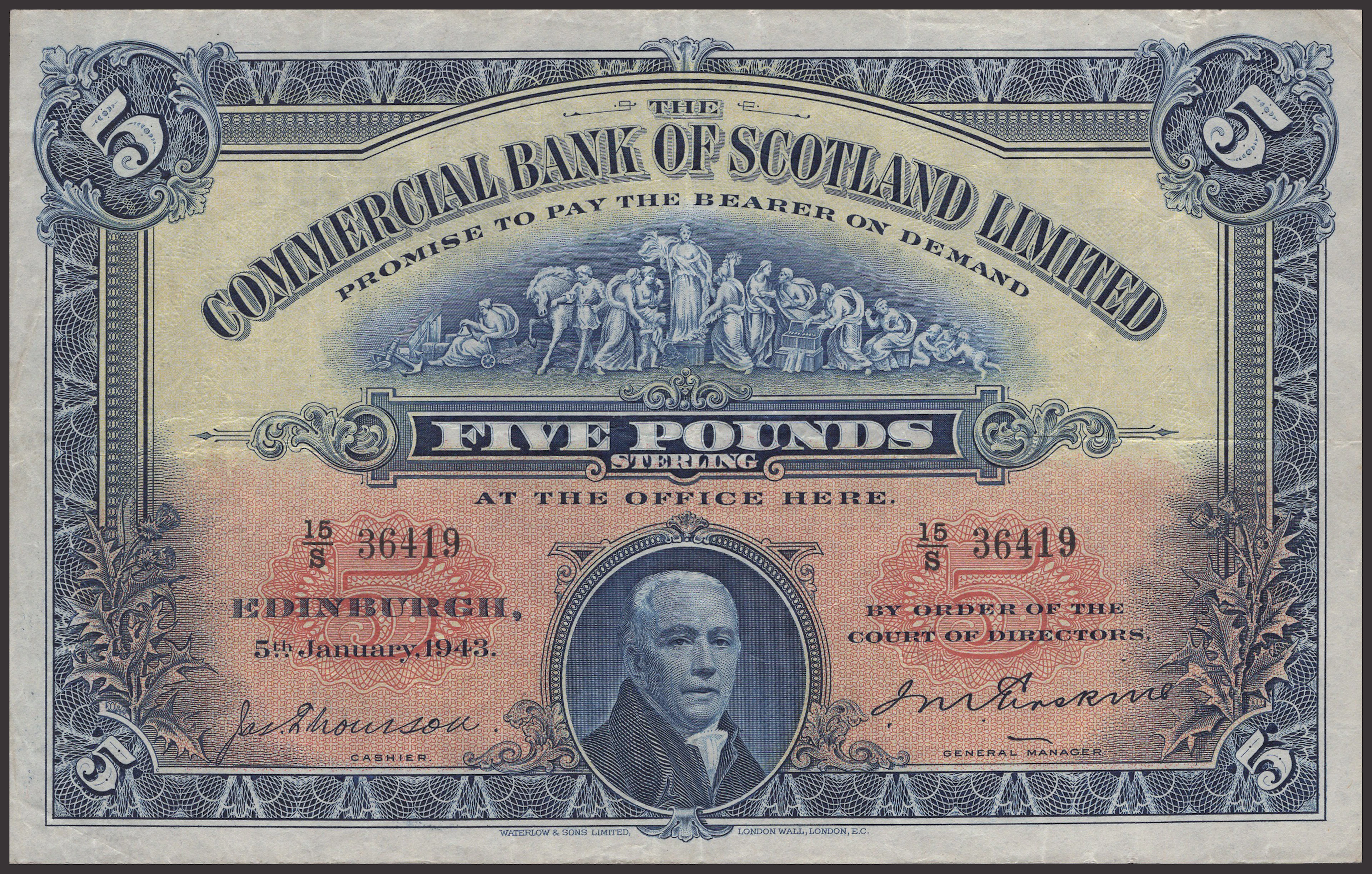 Commercial Bank of Scotland Limited, £5, 5 January 1943, serial number