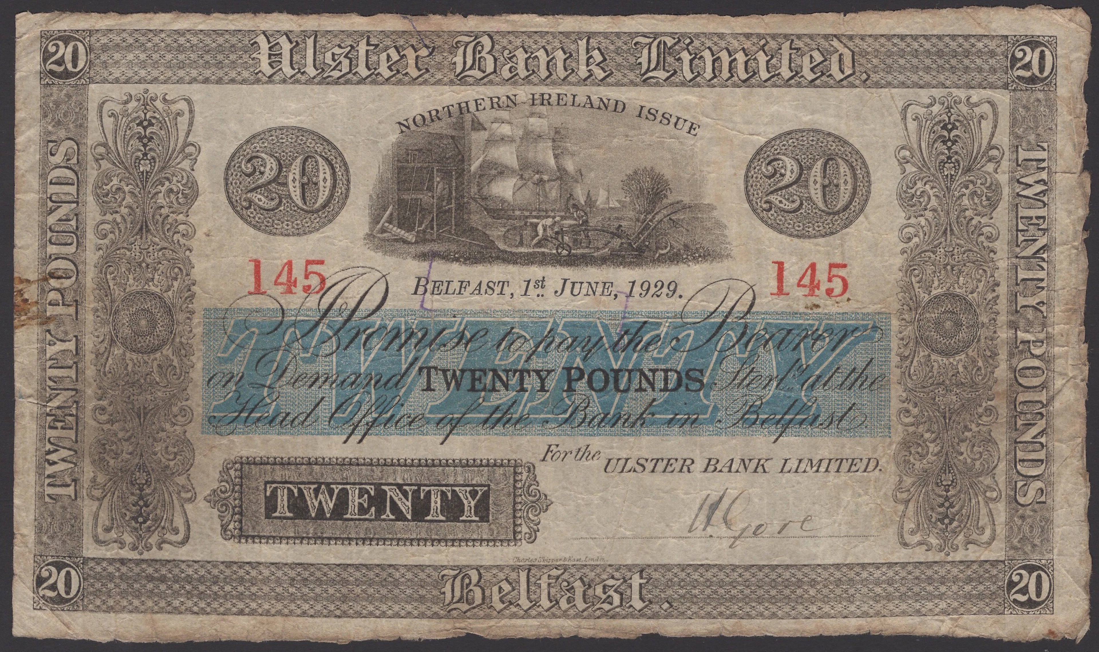 Ulster Bank Limited, £20, 1 June 1929, serial number 145, manuscript