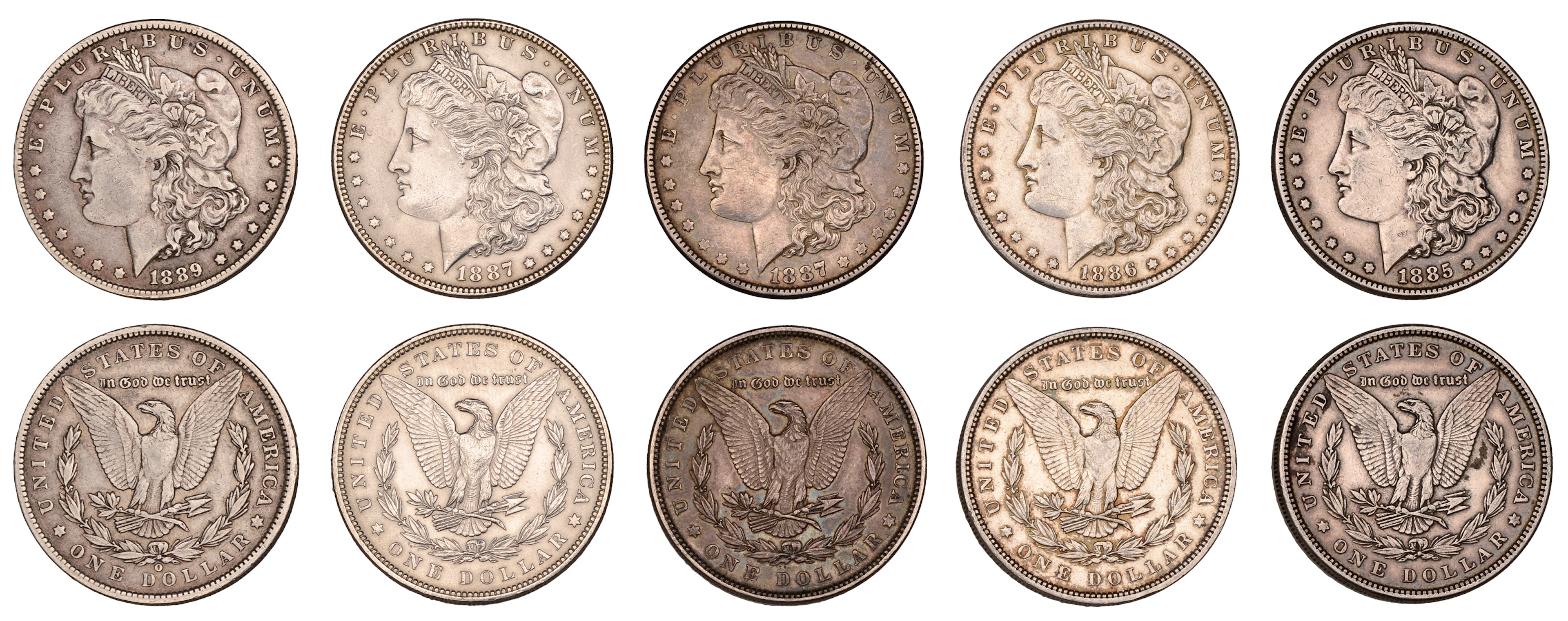 United States of America, Dollars (5), 1885, 1886, 1887 (2), 1889o