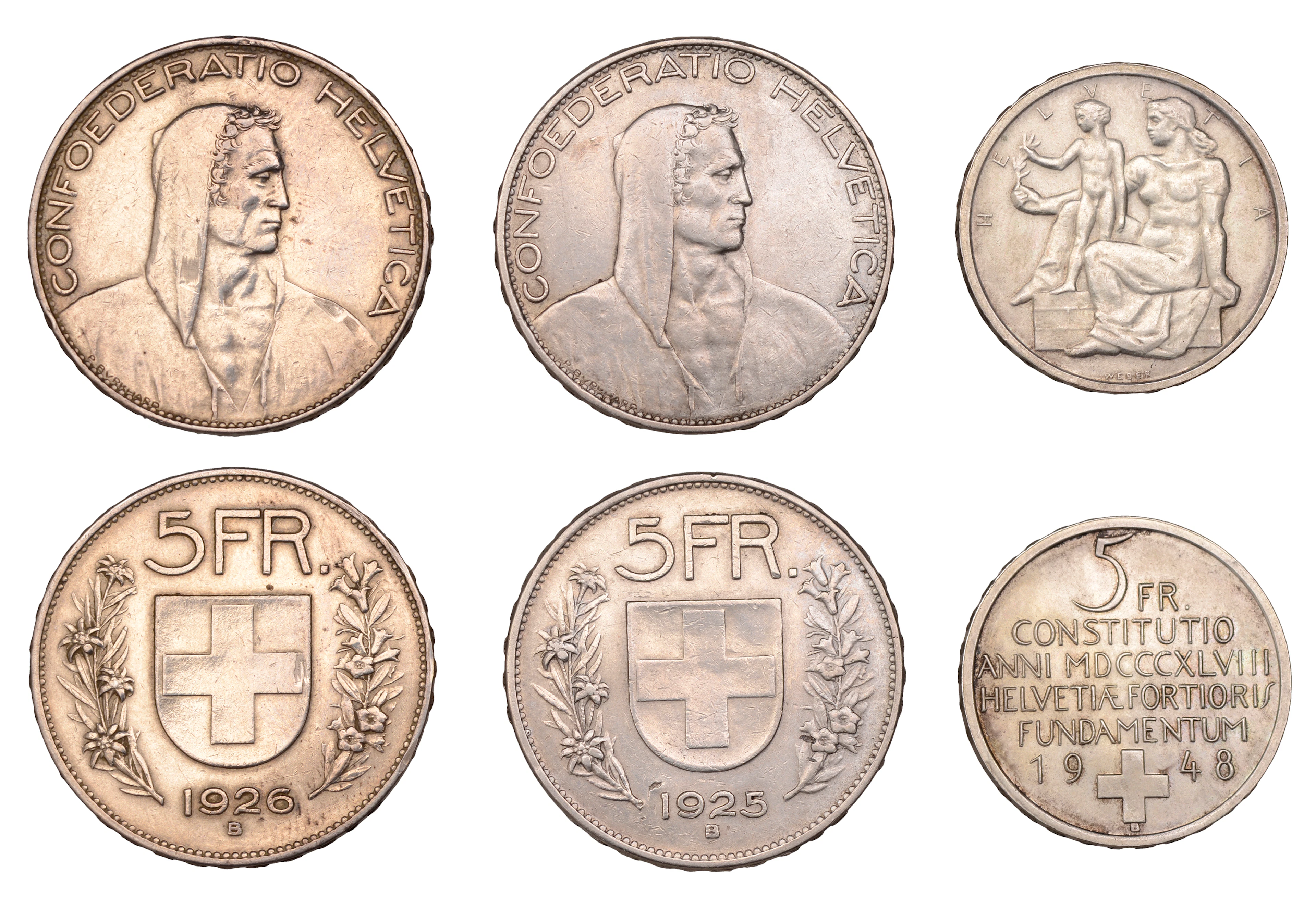 Switzerland, Confederation, 5 Francs (3), 1925b, 1926b, 1948, all