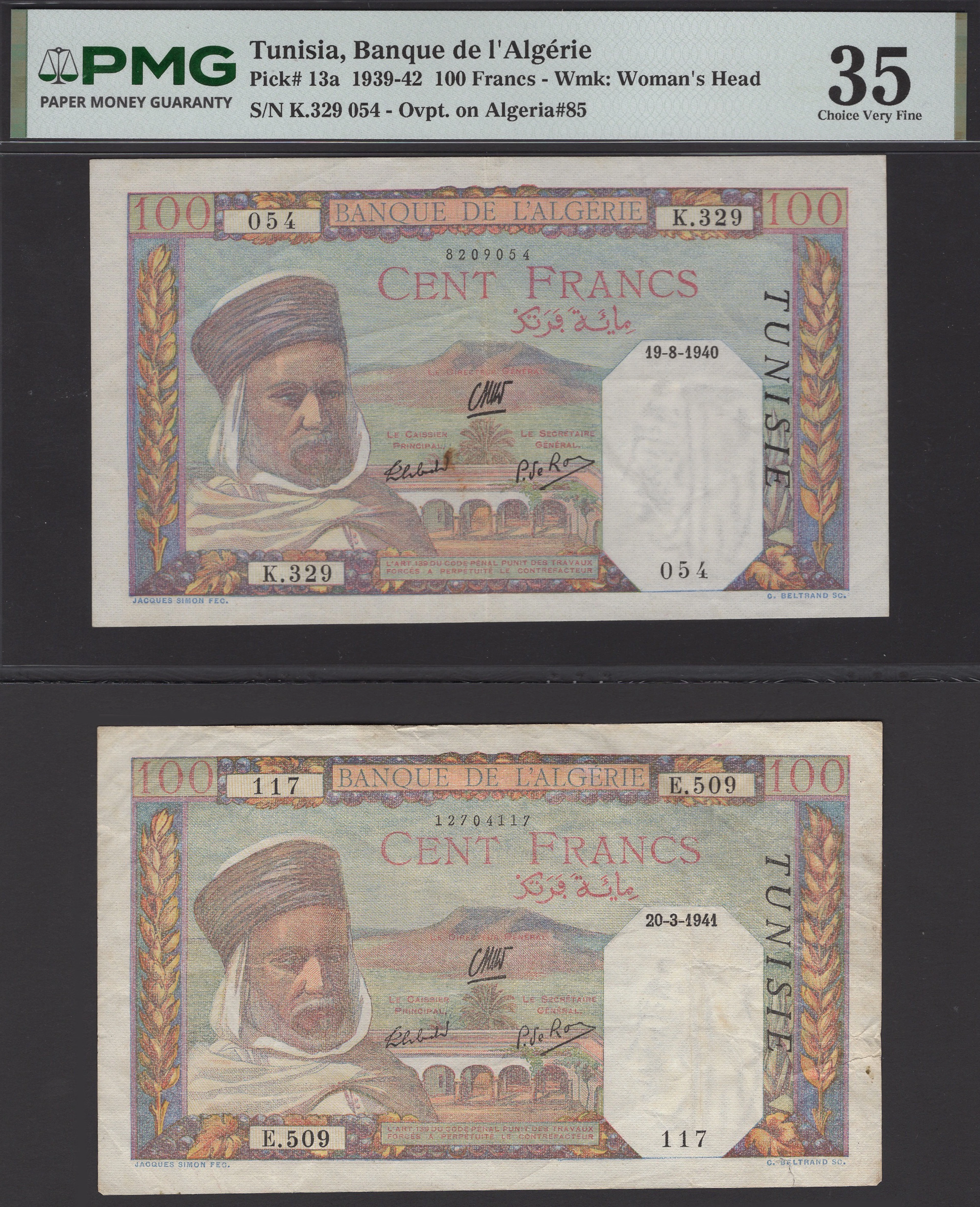 Banque de l‘Algerie, Tunisia, 100 Francs (3), 19 August 1940, 20 March