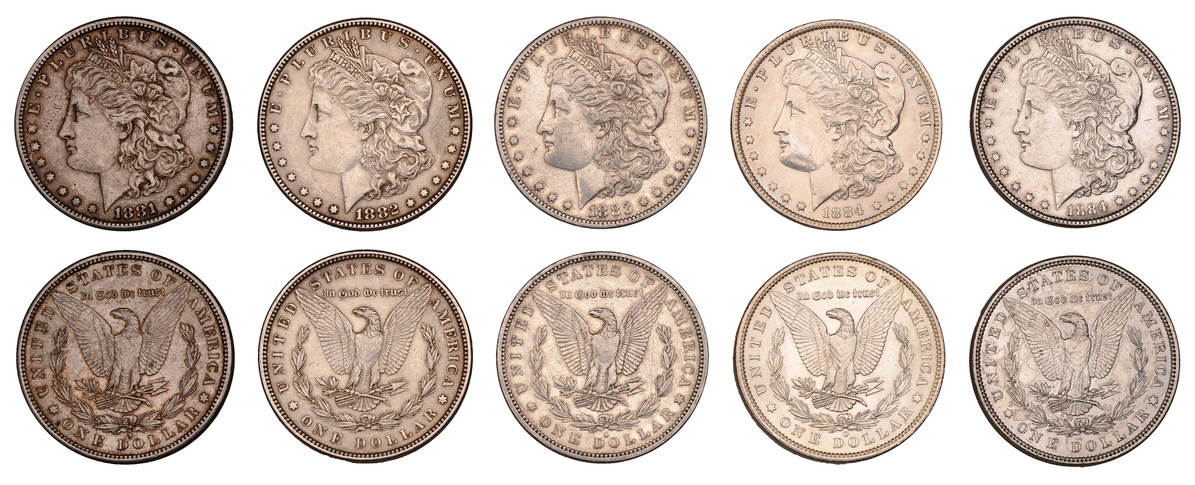 United States of America, Dollars (5), 1881s, 1882, 1883s, 1884, 1884o
