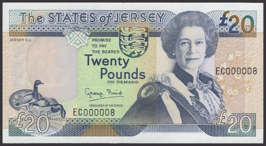 States of Jersey, £20, 1993, serial number EC000008, Baird signature