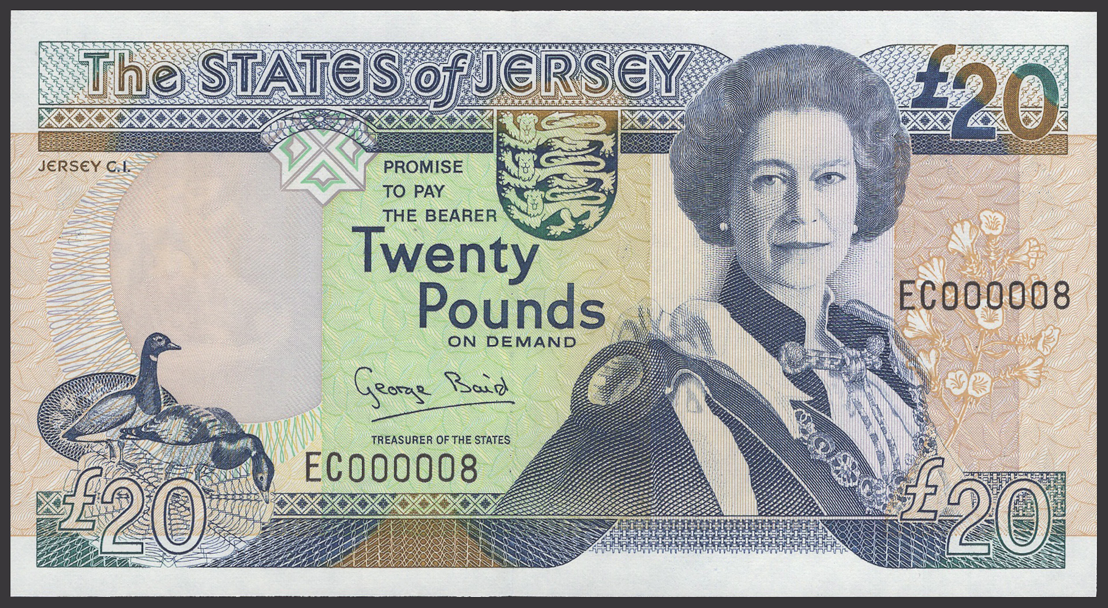States of Jersey, £20, 1993, serial number EC000008, Baird signature